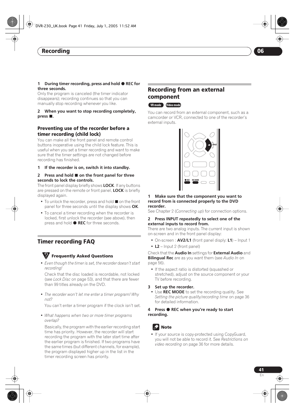 Timer recording faq, Recording from an external component, Recording 06 | Pioneer DVR-230-S User Manual | Page 41 / 76