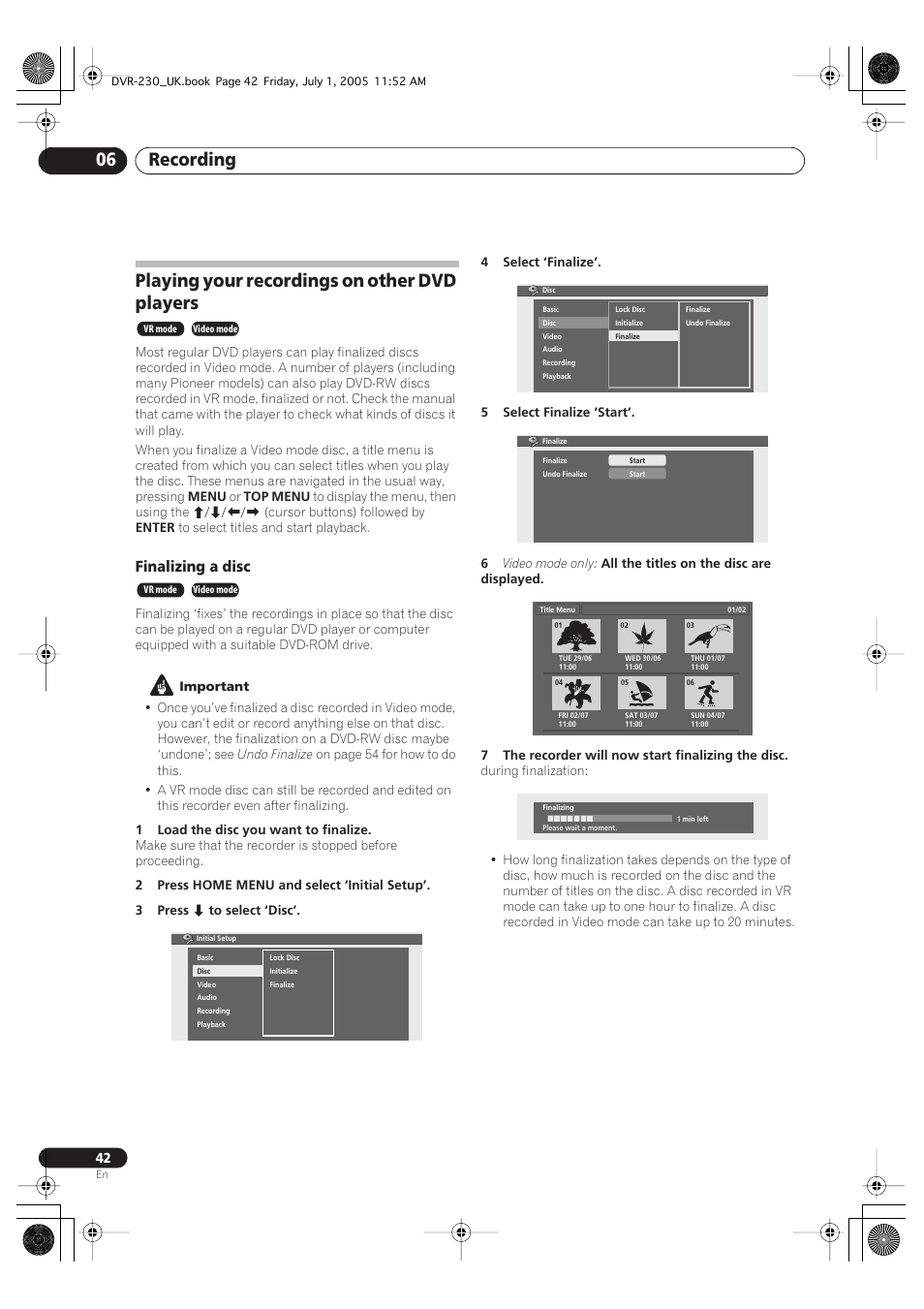 Playing your recordings on other dvd players, Recording 06, Finalizing a disc | Pioneer DVR-230-S User Manual | Page 42 / 76