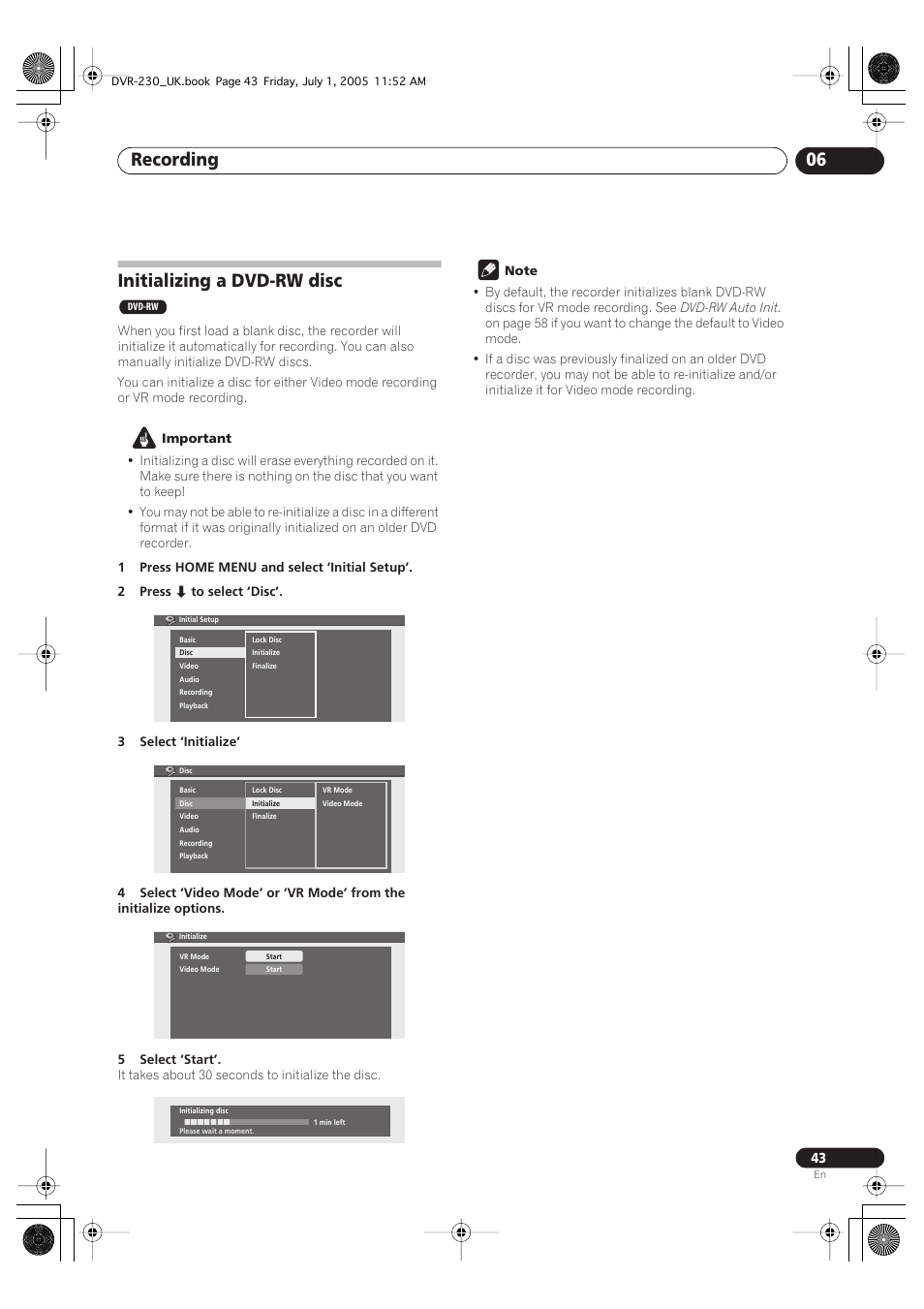 Initializing a dvd-rw disc, Recording 06 | Pioneer DVR-230-S User Manual | Page 43 / 76