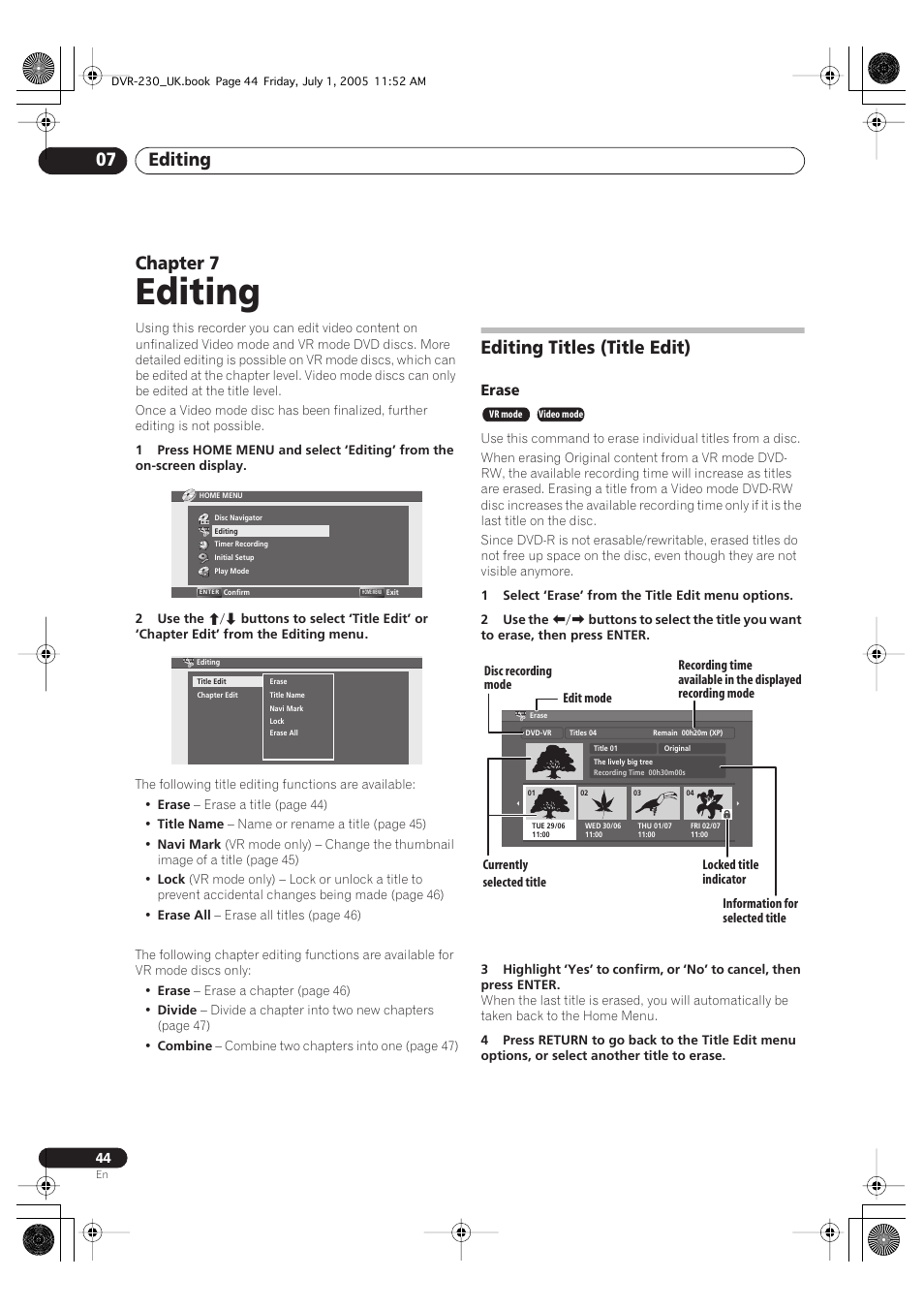 07 editing, Editing titles (title edit), Editing | Editing 07, Chapter 7, Erase | Pioneer DVR-230-S User Manual | Page 44 / 76