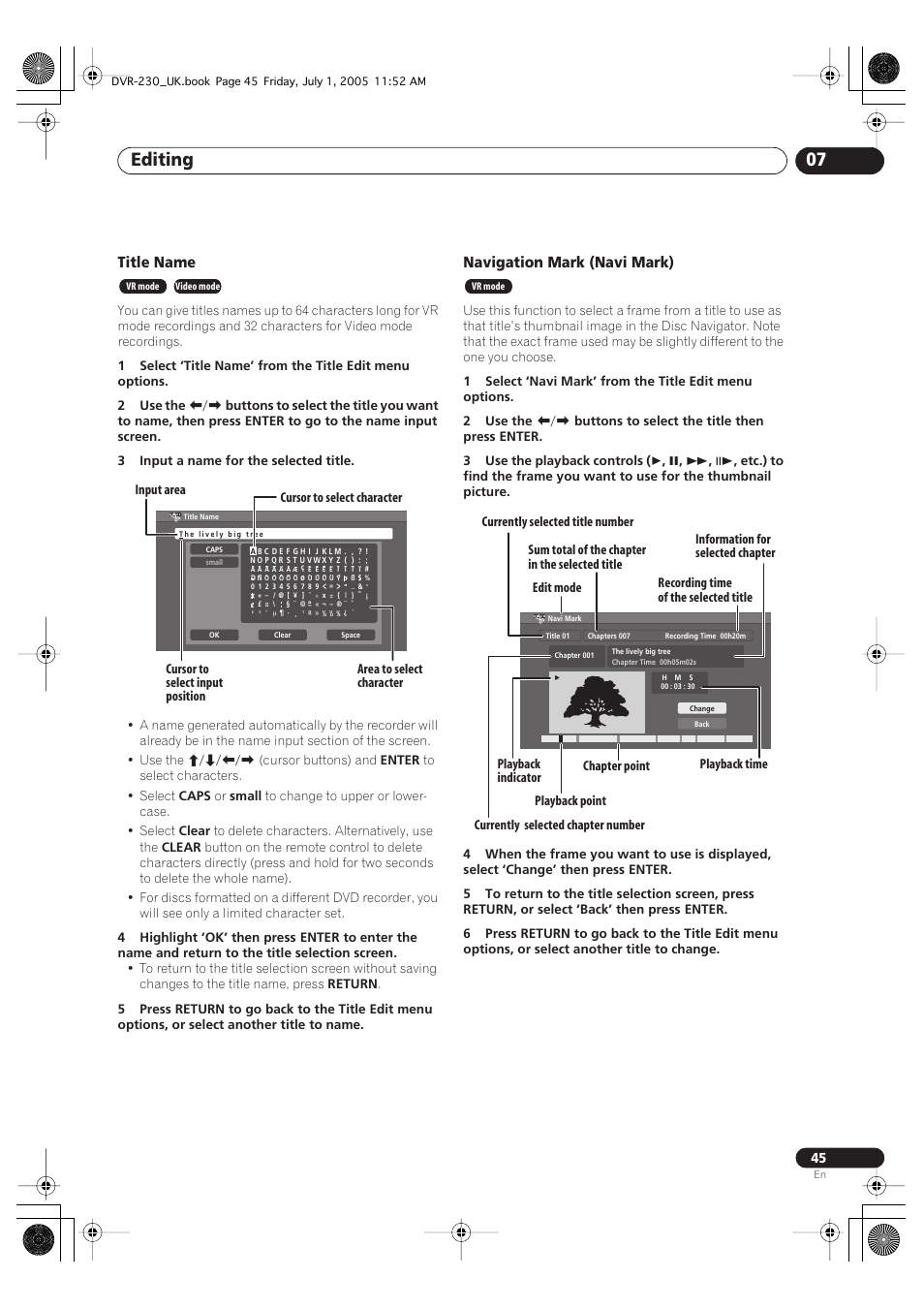 Editing 07, Title name, Navigation mark (navi mark) | Pioneer DVR-230-S User Manual | Page 45 / 76