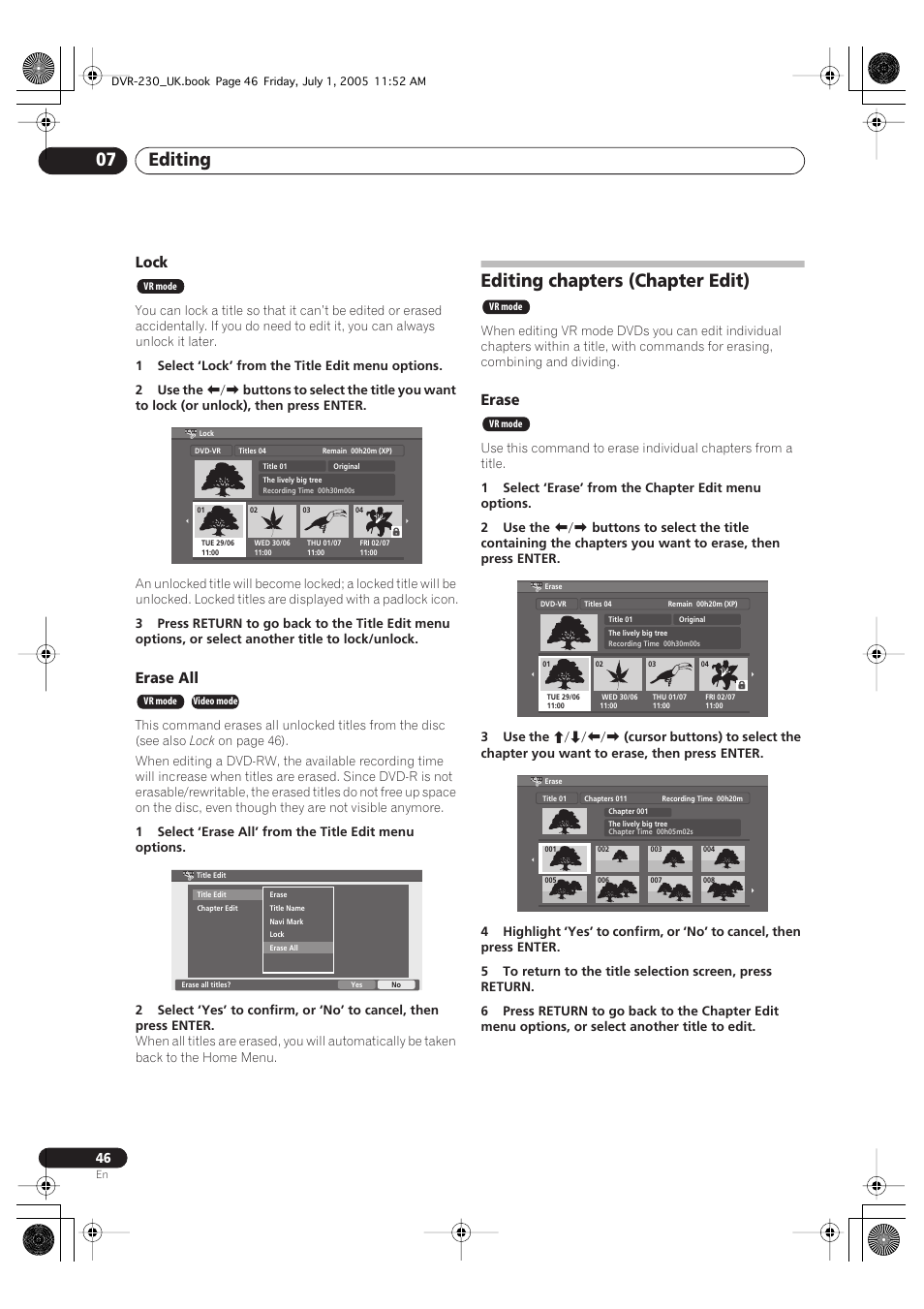 Editing chapters (chapter edit), Editing 07, Lock | Erase all, Erase | Pioneer DVR-230-S User Manual | Page 46 / 76