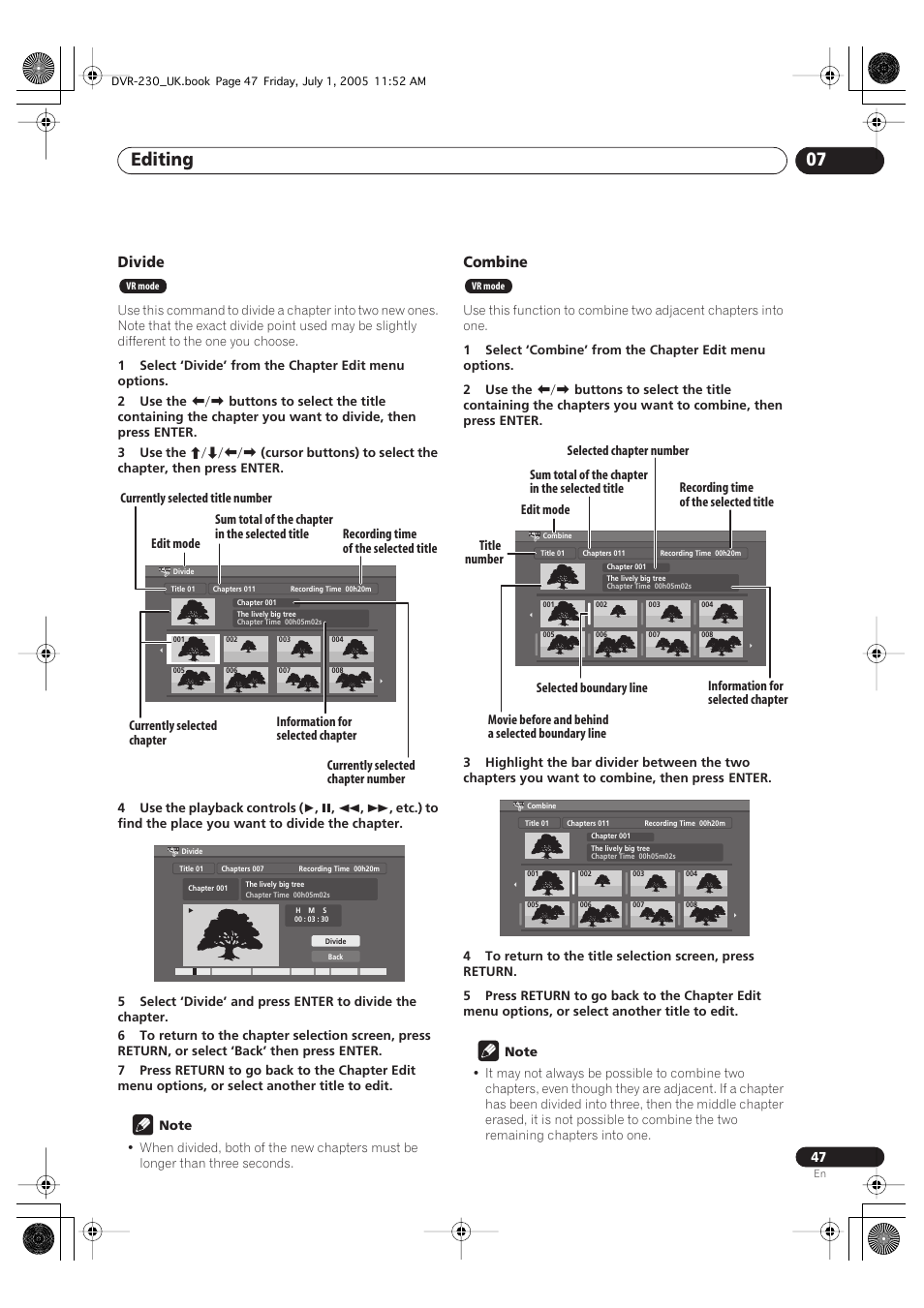 Editing 07, Divide, Combine | Pioneer DVR-230-S User Manual | Page 47 / 76