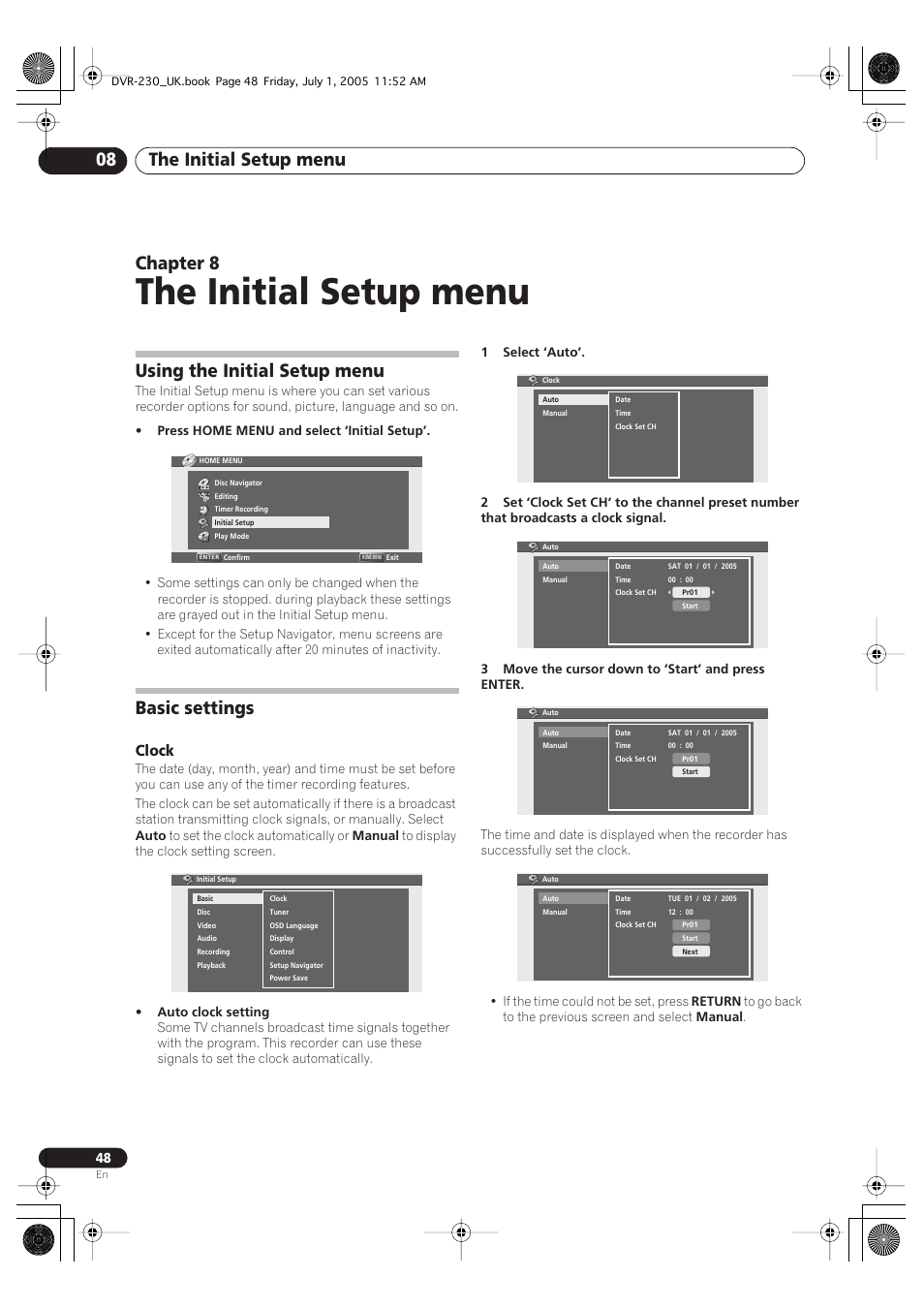 08 the initial setup menu, Using the initial setup menu, Basic settings | The initial setup menu, The initial setup menu 08, Chapter 8, Clock | Pioneer DVR-230-S User Manual | Page 48 / 76