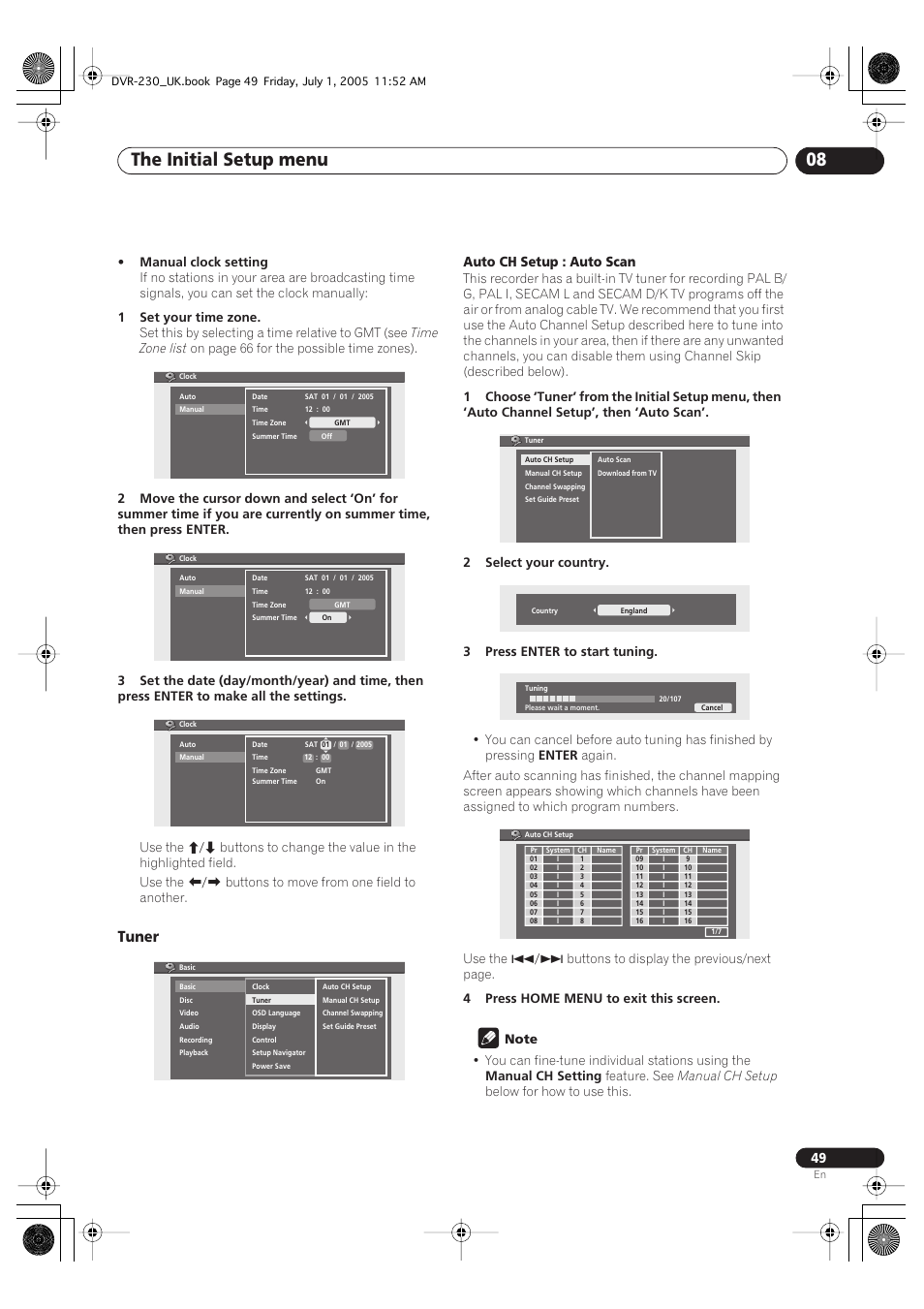 The initial setup menu 08, Tuner | Pioneer DVR-230-S User Manual | Page 49 / 76