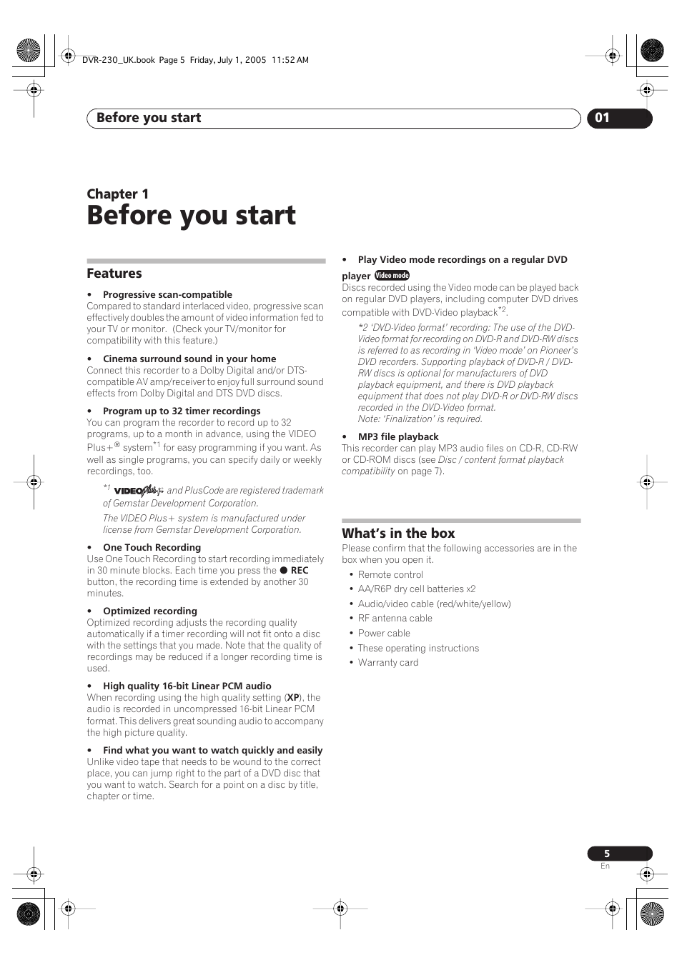 01 before you start, Features, What’s in the box | Before you start, Before you start 01, Chapter 1 | Pioneer DVR-230-S User Manual | Page 5 / 76