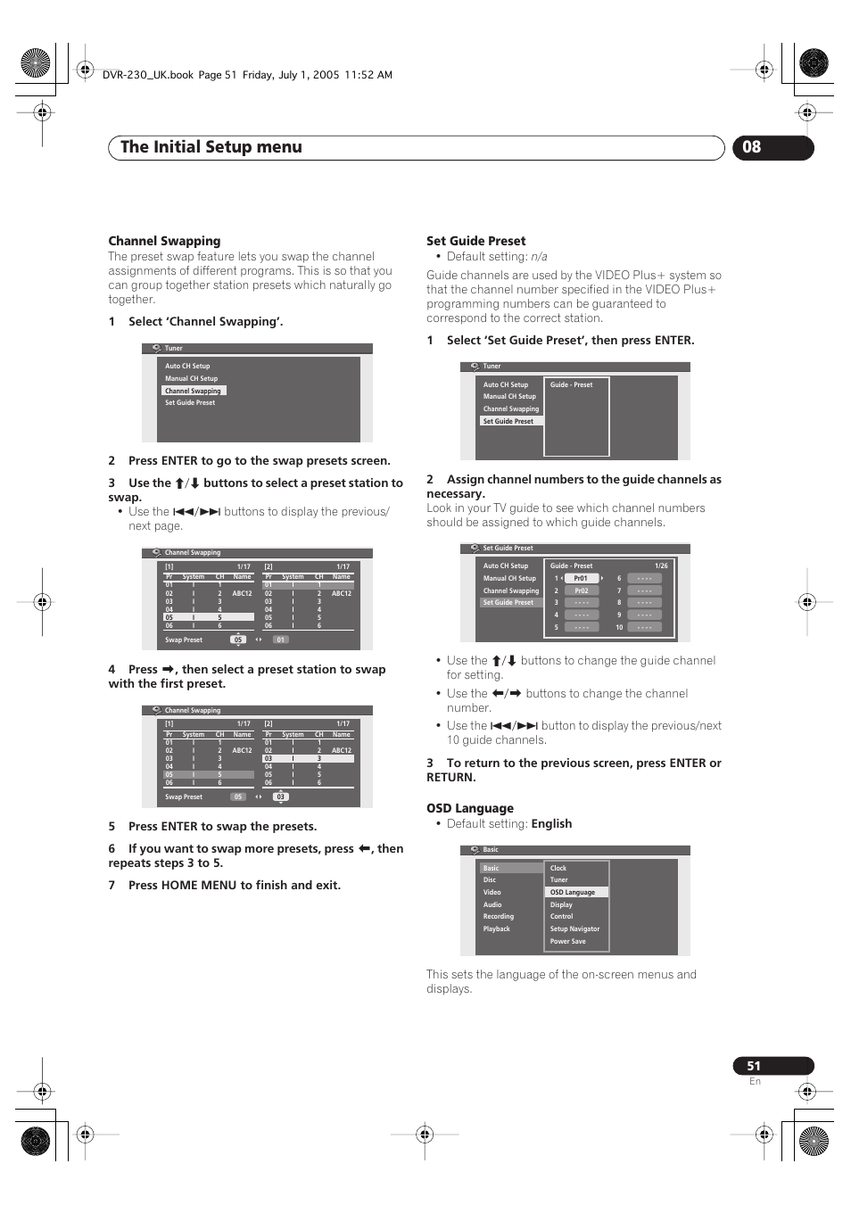 The initial setup menu 08, Channel swapping, Set guide preset | Osd language | Pioneer DVR-230-S User Manual | Page 51 / 76