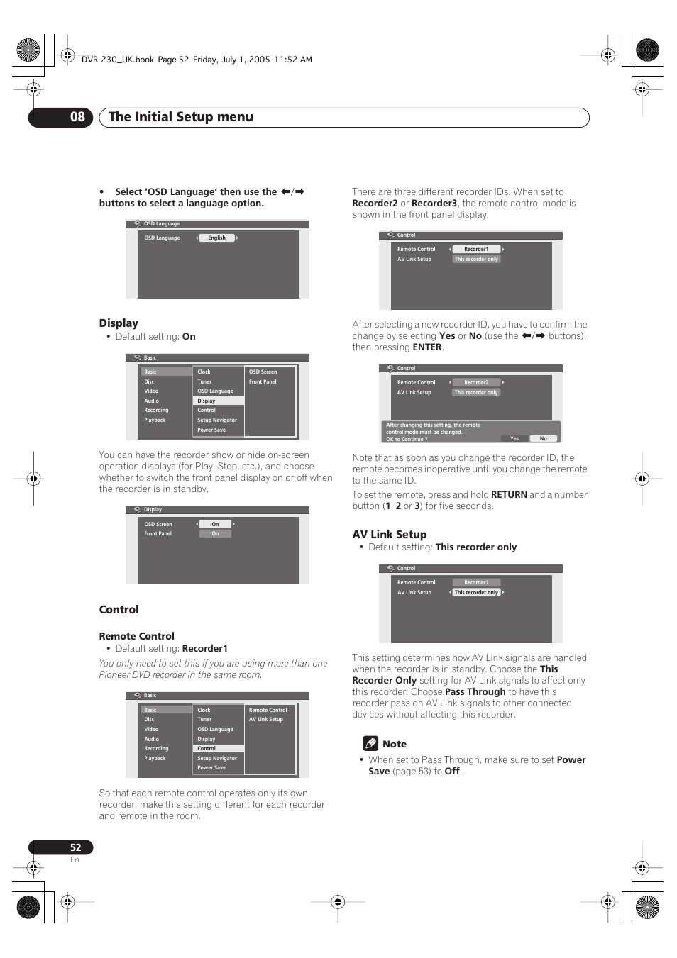 The initial setup menu 08, Display, Control | Av link setup | Pioneer DVR-230-S User Manual | Page 52 / 76