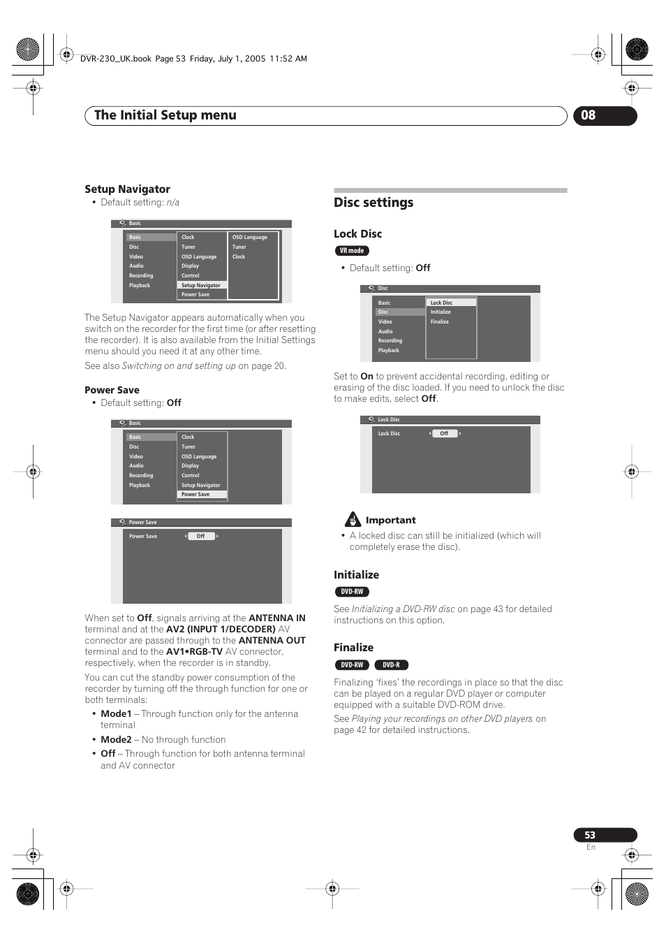 Disc settings, The initial setup menu 08, Setup navigator | Lock disc, Initialize, Finalize | Pioneer DVR-230-S User Manual | Page 53 / 76