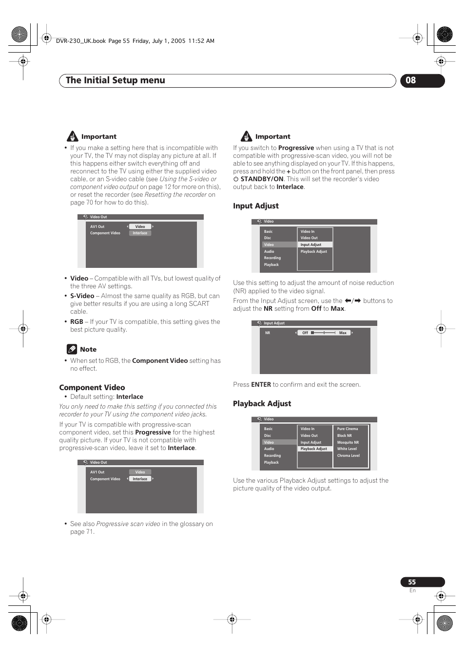 The initial setup menu 08, Component video, Input adjust | Playback adjust | Pioneer DVR-230-S User Manual | Page 55 / 76