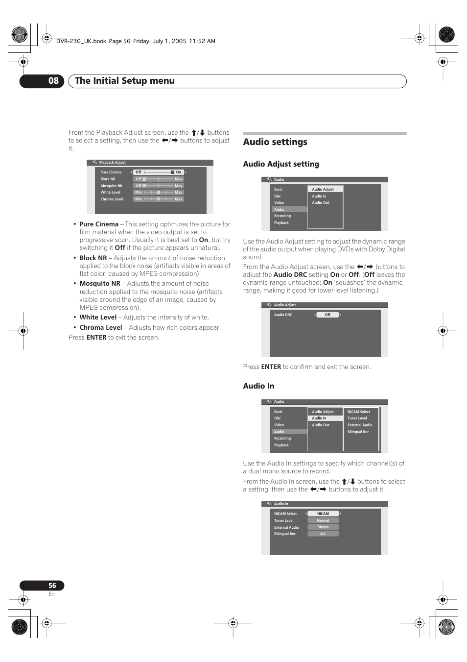 Audio settings, The initial setup menu 08, Audio adjust setting | Audio in | Pioneer DVR-230-S User Manual | Page 56 / 76