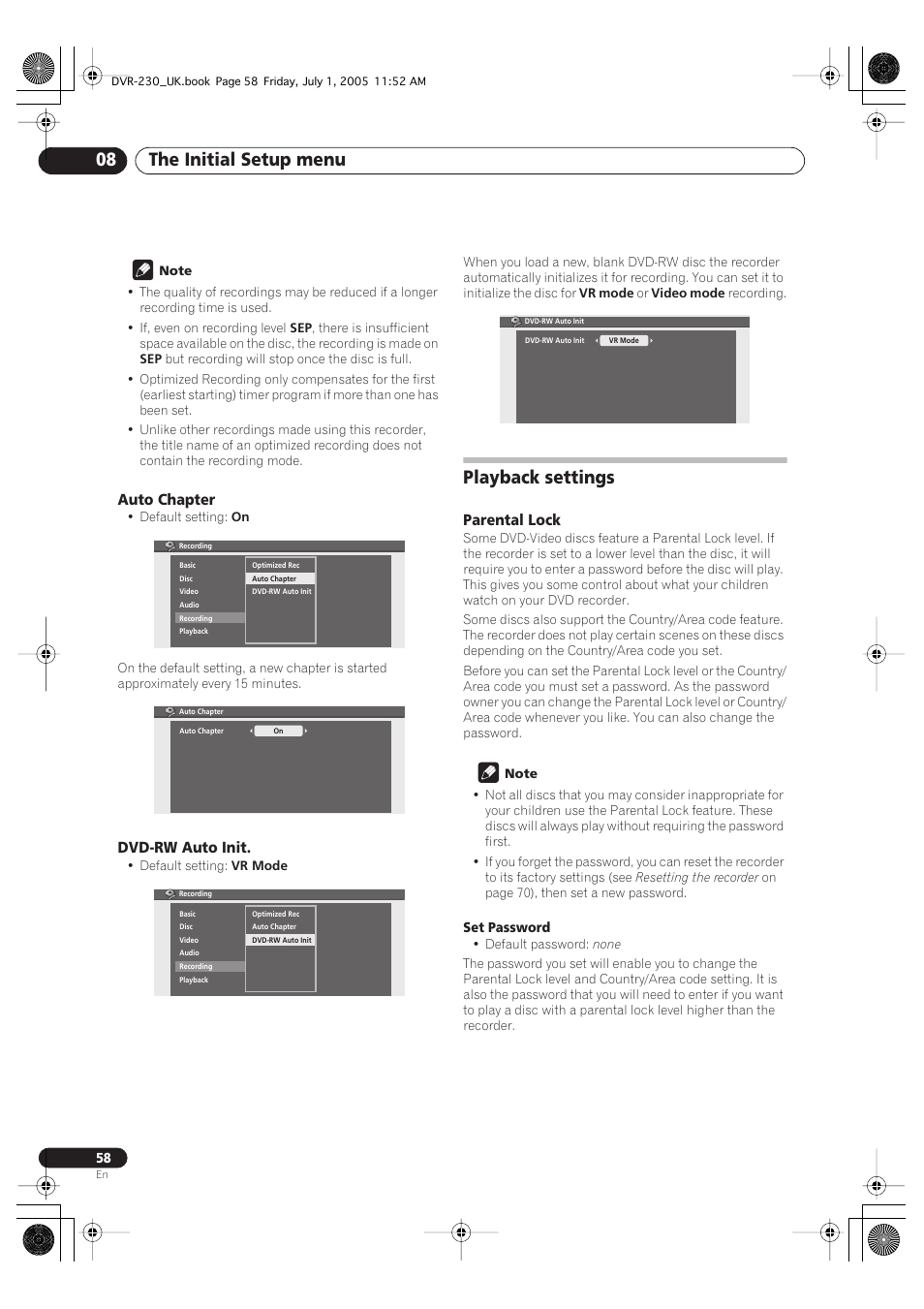 Playback settings, The initial setup menu 08, Auto chapter | Dvd-rw auto init, Parental lock | Pioneer DVR-230-S User Manual | Page 58 / 76