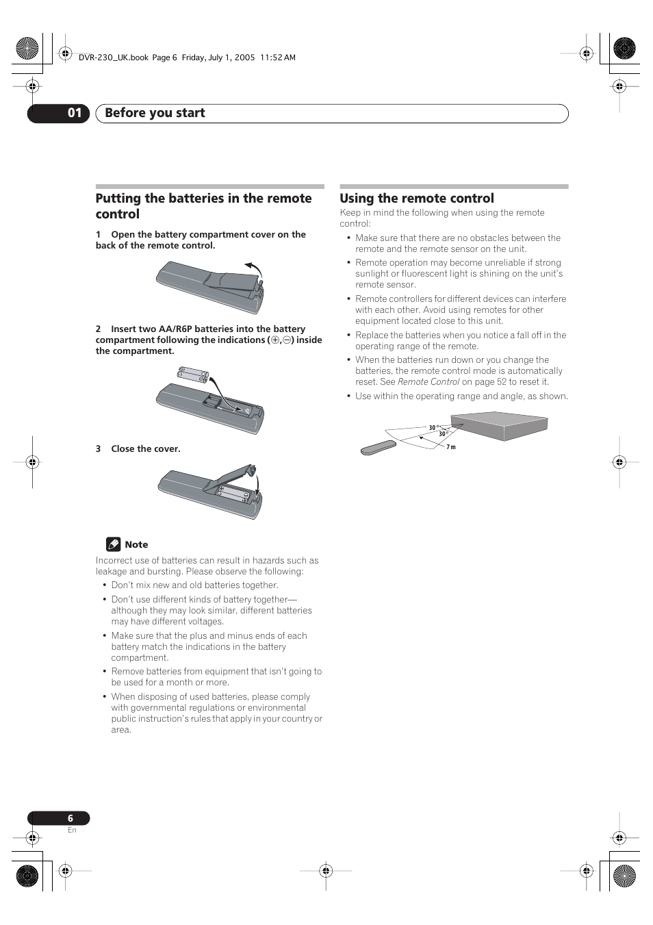 Putting the batteries in the remote control, Using the remote control, Before you start 01 | Pioneer DVR-230-S User Manual | Page 6 / 76