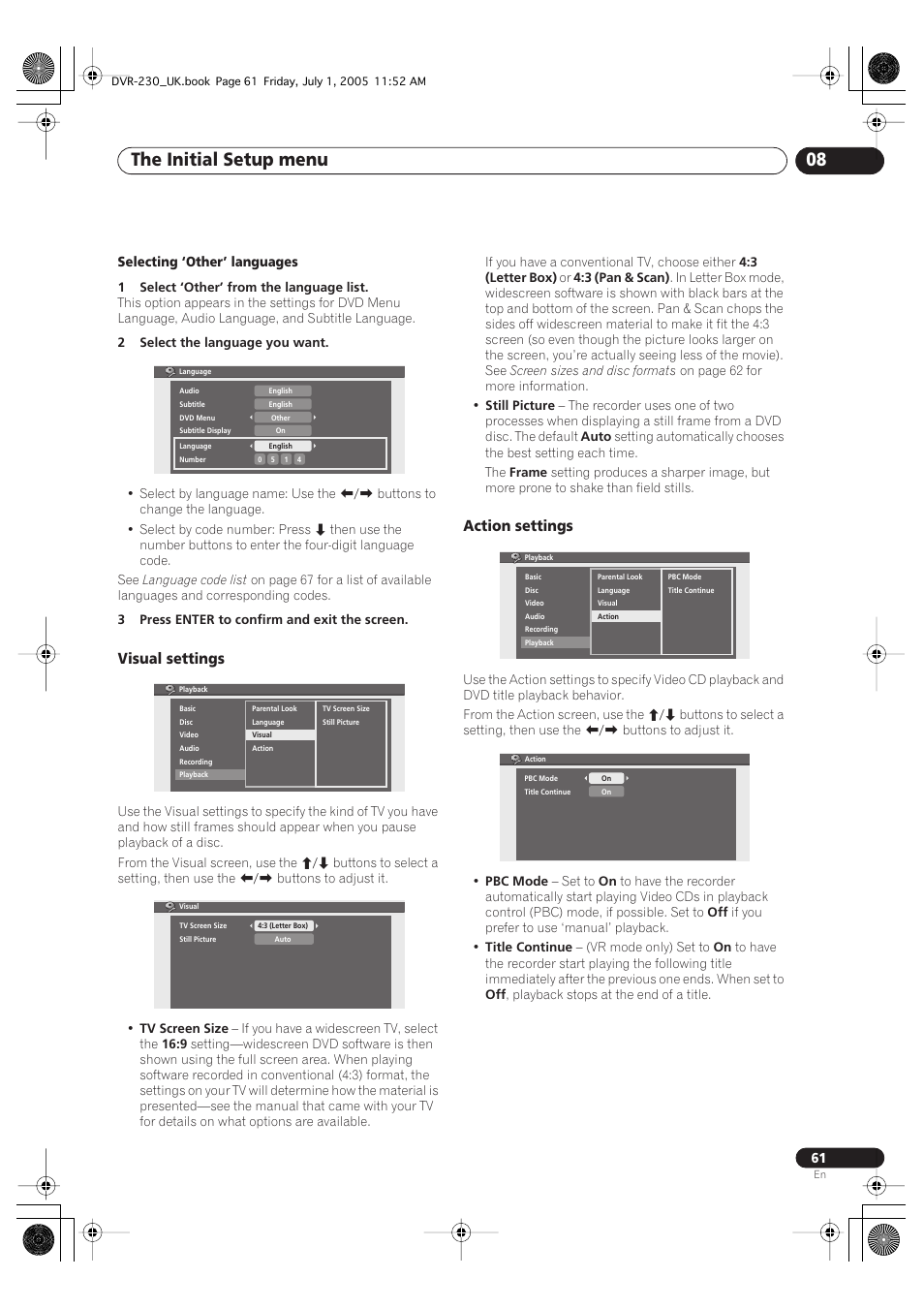 The initial setup menu 08, Visual settings, Action settings | Pioneer DVR-230-S User Manual | Page 61 / 76