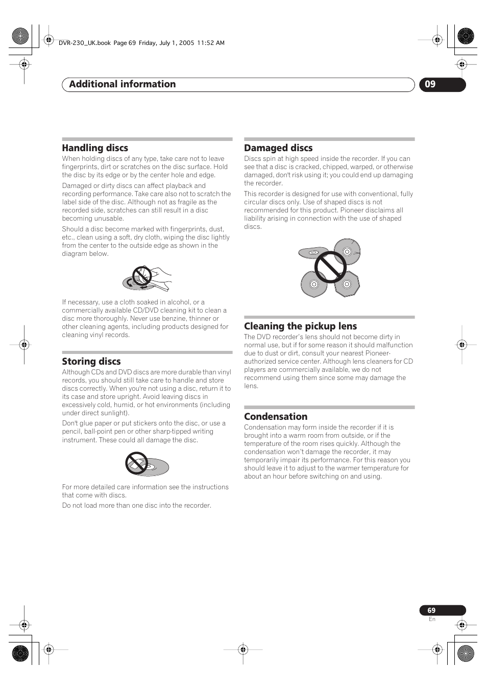 Handling discs, Storing discs, Damaged discs | Cleaning the pickup lens, Condensation, Additional information 09 | Pioneer DVR-230-S User Manual | Page 69 / 76