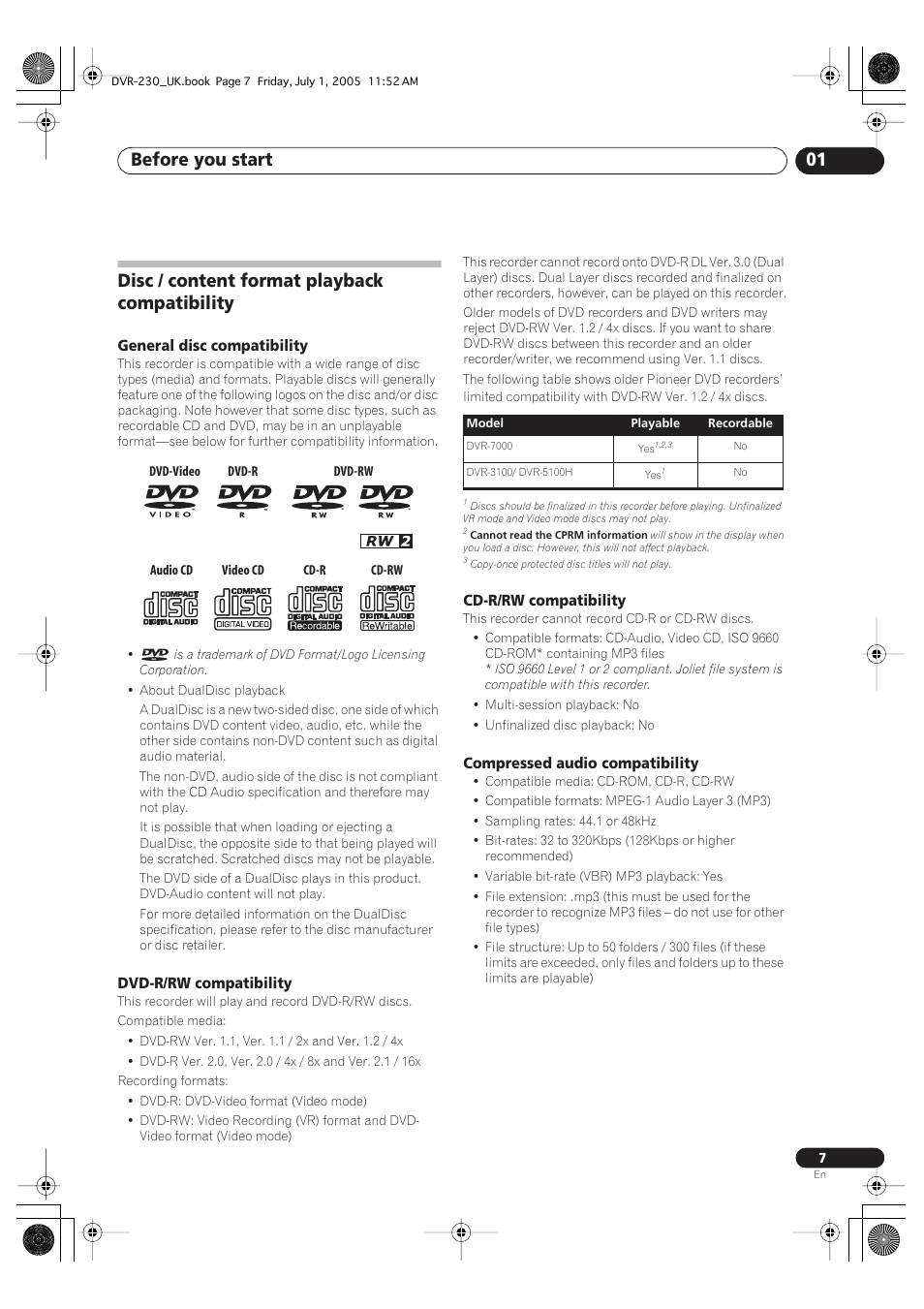Disc / content format playback compatibility, Before you start 01 | Pioneer DVR-230-S User Manual | Page 7 / 76