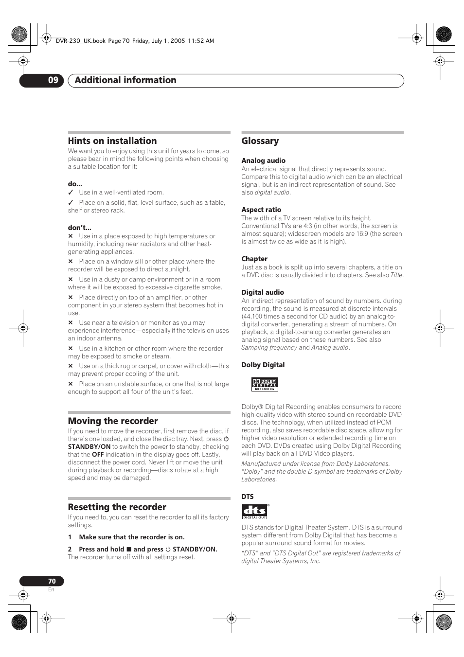 Hints on installation, Moving the recorder, Resetting the recorder | Glossary, Additional information 09 | Pioneer DVR-230-S User Manual | Page 70 / 76