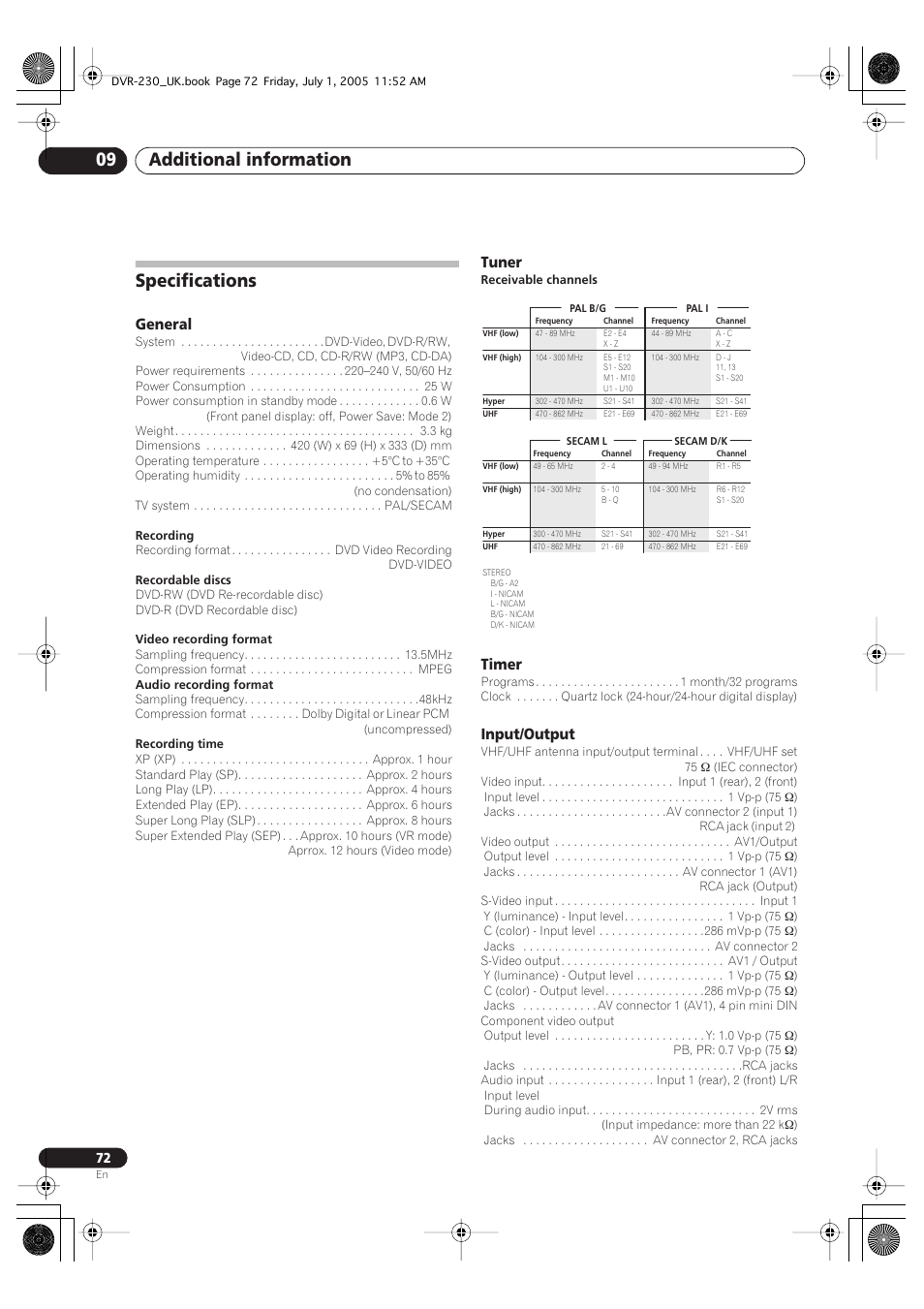 Specifications, Additional information 09, General | Tuner, Timer, Input/output | Pioneer DVR-230-S User Manual | Page 72 / 76