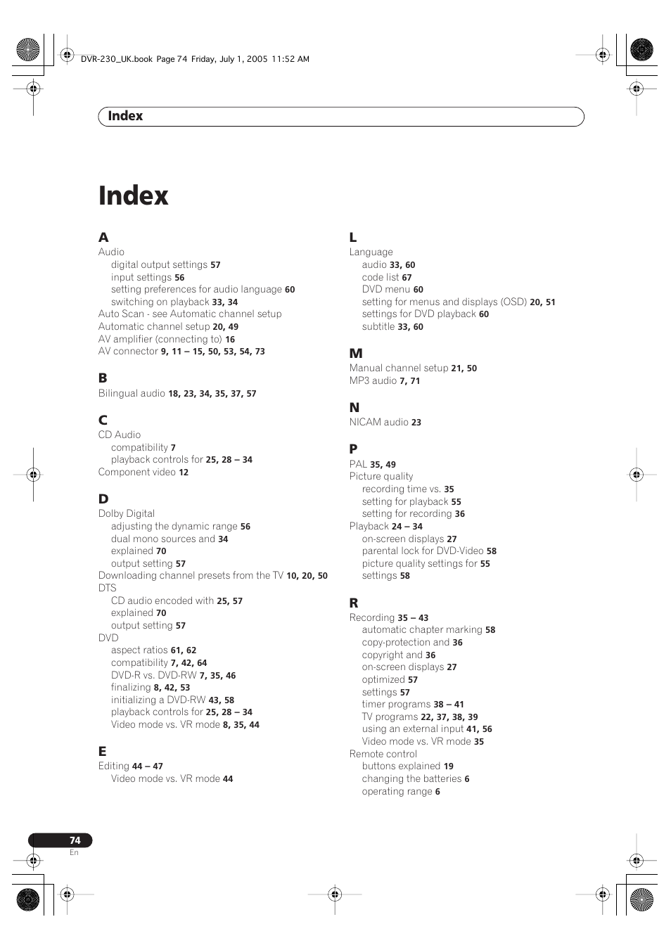 Index | Pioneer DVR-230-S User Manual | Page 74 / 76