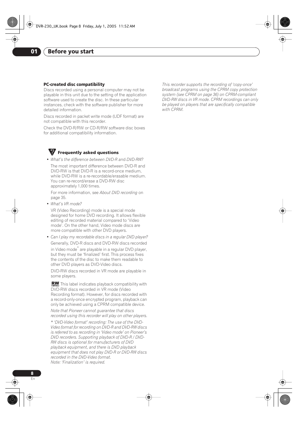 Before you start 01 | Pioneer DVR-230-S User Manual | Page 8 / 76