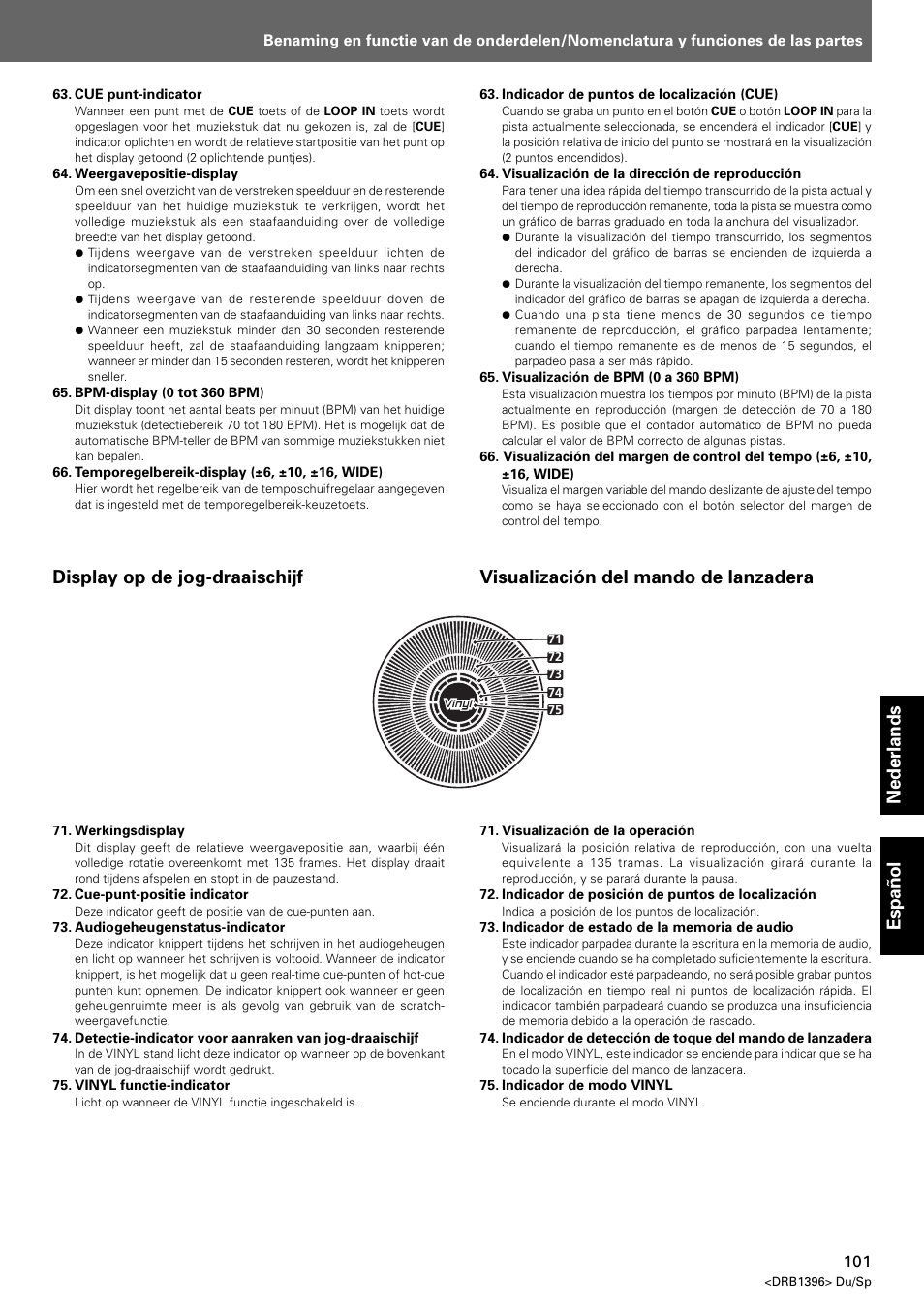 Nederlands espa ñ ol, Display op de jog-draaischijf, Visualización del mando de lanzadera | Pioneer CDJ-1000 MK3 User Manual | Page 101 / 124