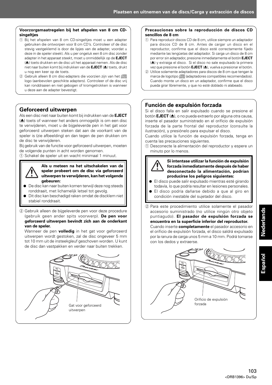 Nederlands espa ñ ol geforceerd uitwerpen, Función de expulsión forzada | Pioneer CDJ-1000 MK3 User Manual | Page 103 / 124