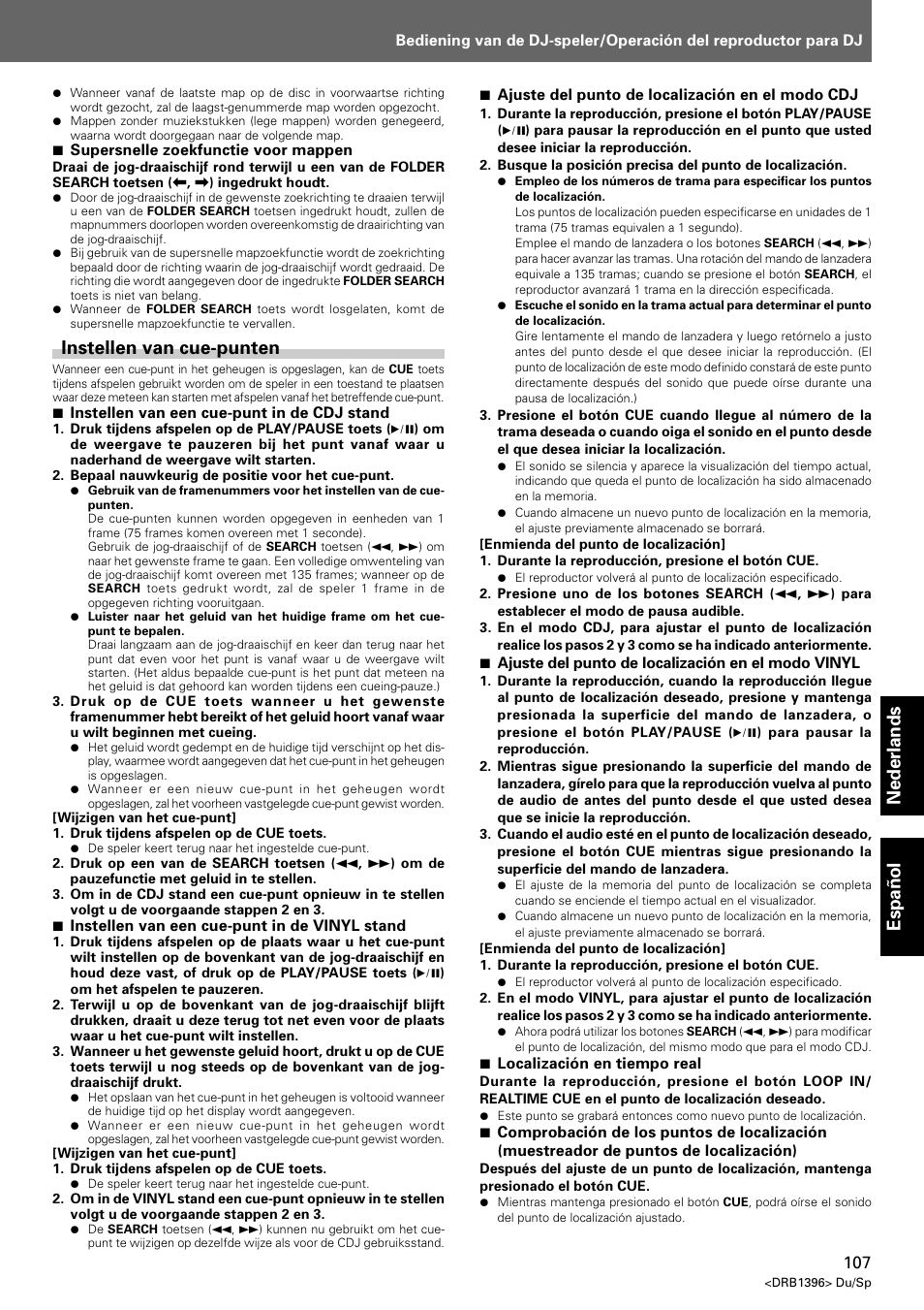 Instellen van cue-punten, Nederlands espa ñ ol | Pioneer CDJ-1000 MK3 User Manual | Page 107 / 124