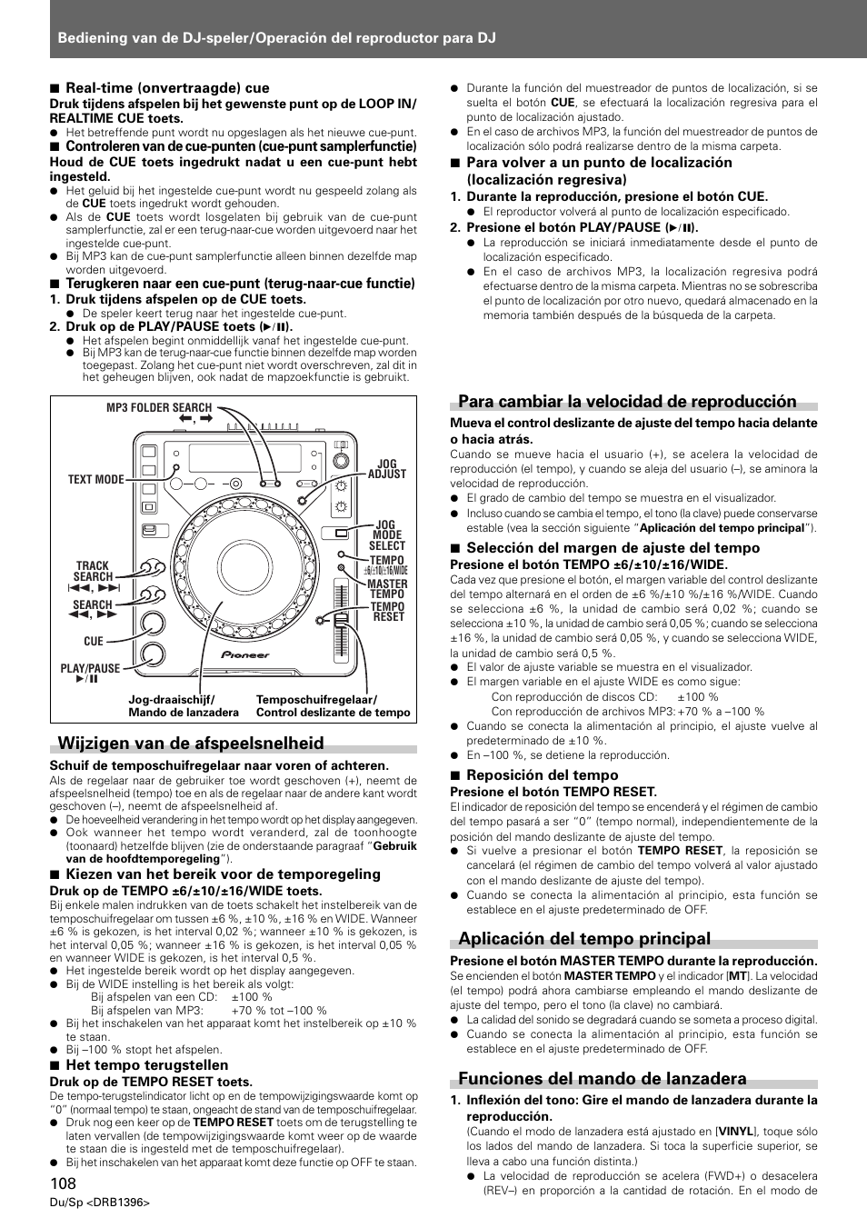 Wijzigen van de afspeelsnelheid, Para cambiar la velocidad de reproducción, Aplicación del tempo principal | Funciones del mando de lanzadera | Pioneer CDJ-1000 MK3 User Manual | Page 108 / 124