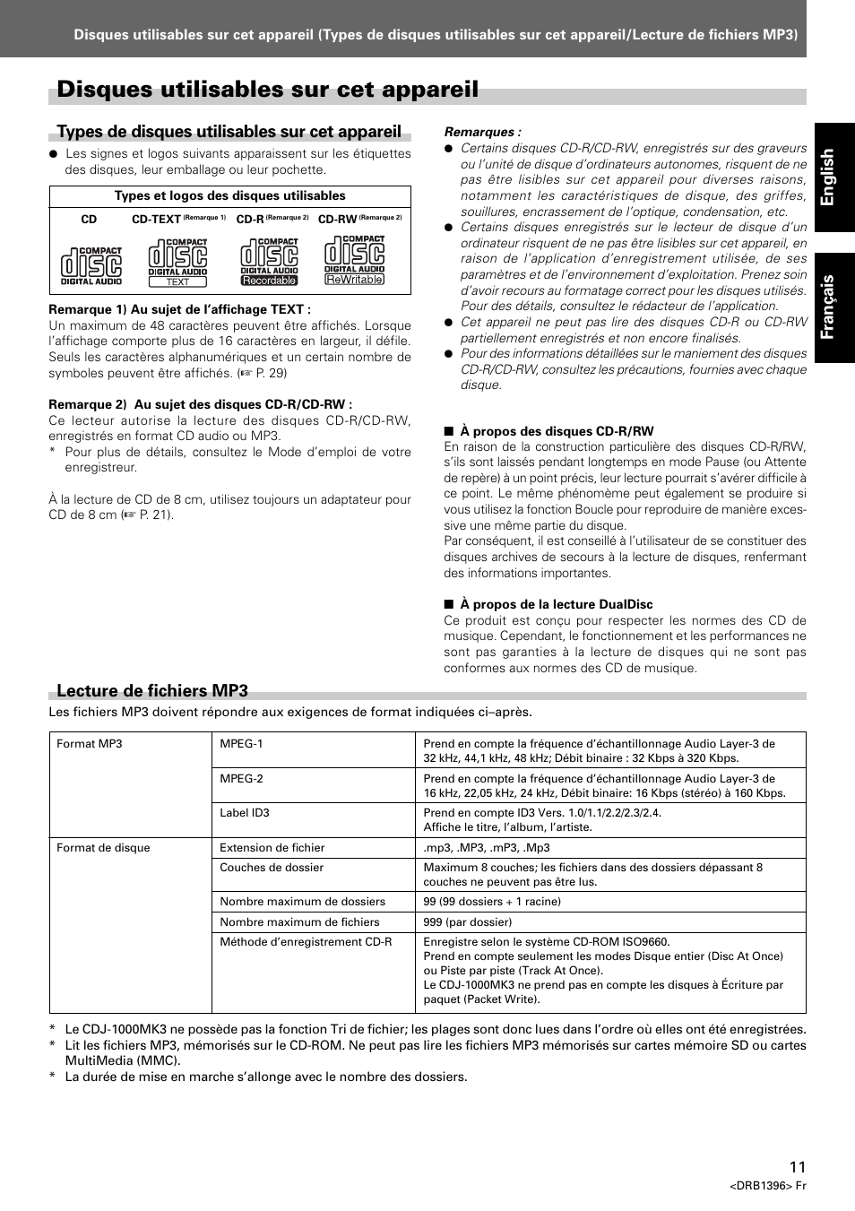 Disques utilisables sur cet appareil, English, Fran ç ais | Types de disques utilisables sur cet appareil, Lecture de fichiers mp3 | Pioneer CDJ-1000 MK3 User Manual | Page 11 / 124