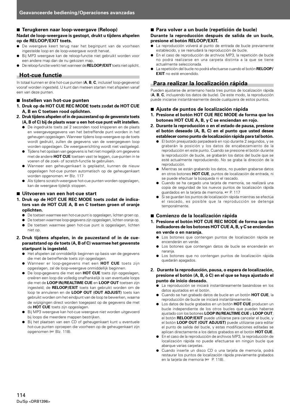 Hot-cue functie, Para realizar la localización rápida | Pioneer CDJ-1000 MK3 User Manual | Page 114 / 124