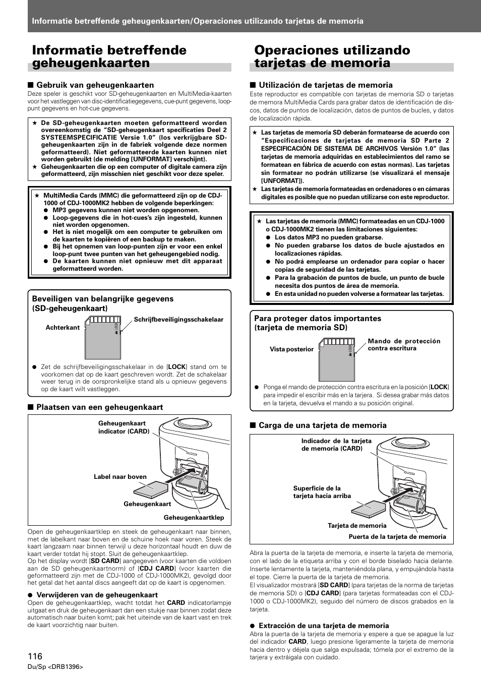 Informatie betreffende geheugenkaarten, Operaciones utilizando tarjetas de memoria | Pioneer CDJ-1000 MK3 User Manual | Page 116 / 124