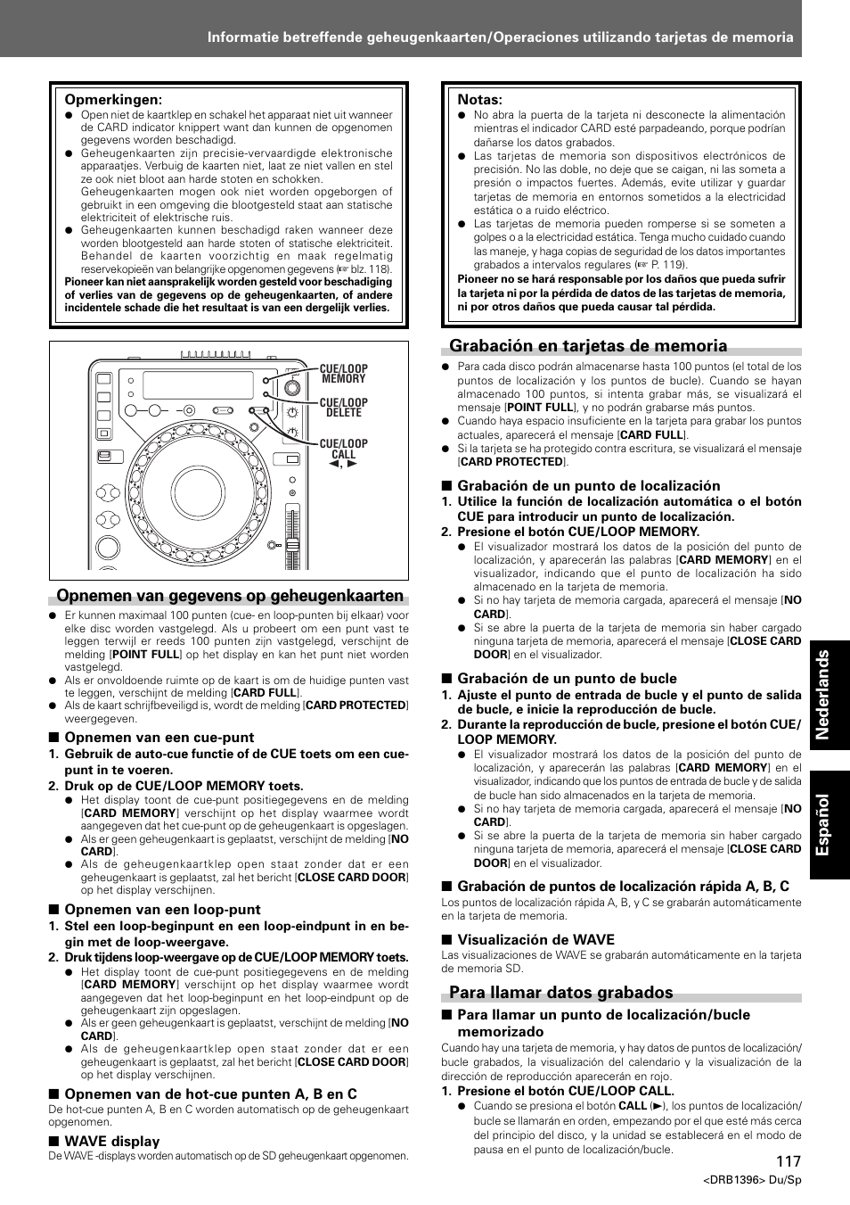 Opnemen van gegevens op geheugenkaarten, Nederlands espa ñ ol, Para llamar datos grabados | Pioneer CDJ-1000 MK3 User Manual | Page 117 / 124