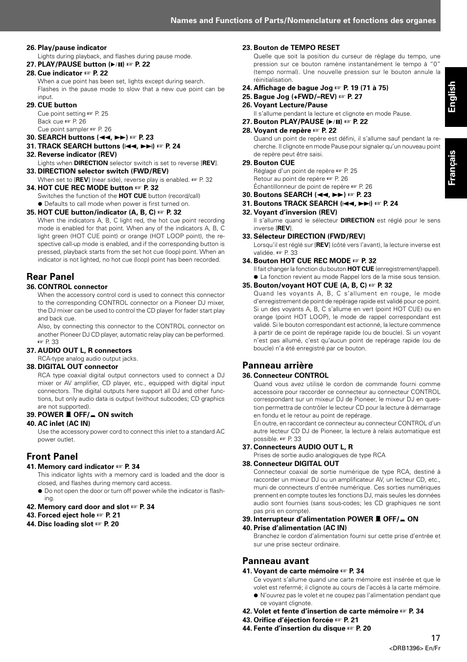 English fran ç ais, Rear panel, Front panel | Panneau arrière, Panneau avant | Pioneer CDJ-1000 MK3 User Manual | Page 17 / 124