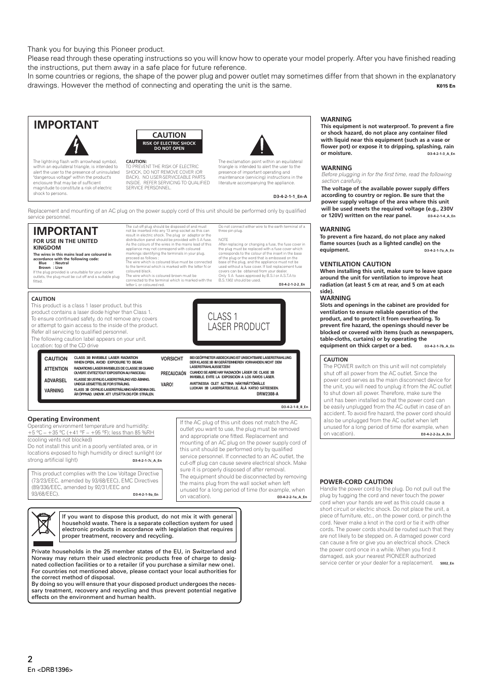 Important, Class 1 laser product, Caution | Pioneer CDJ-1000 MK3 User Manual | Page 2 / 124