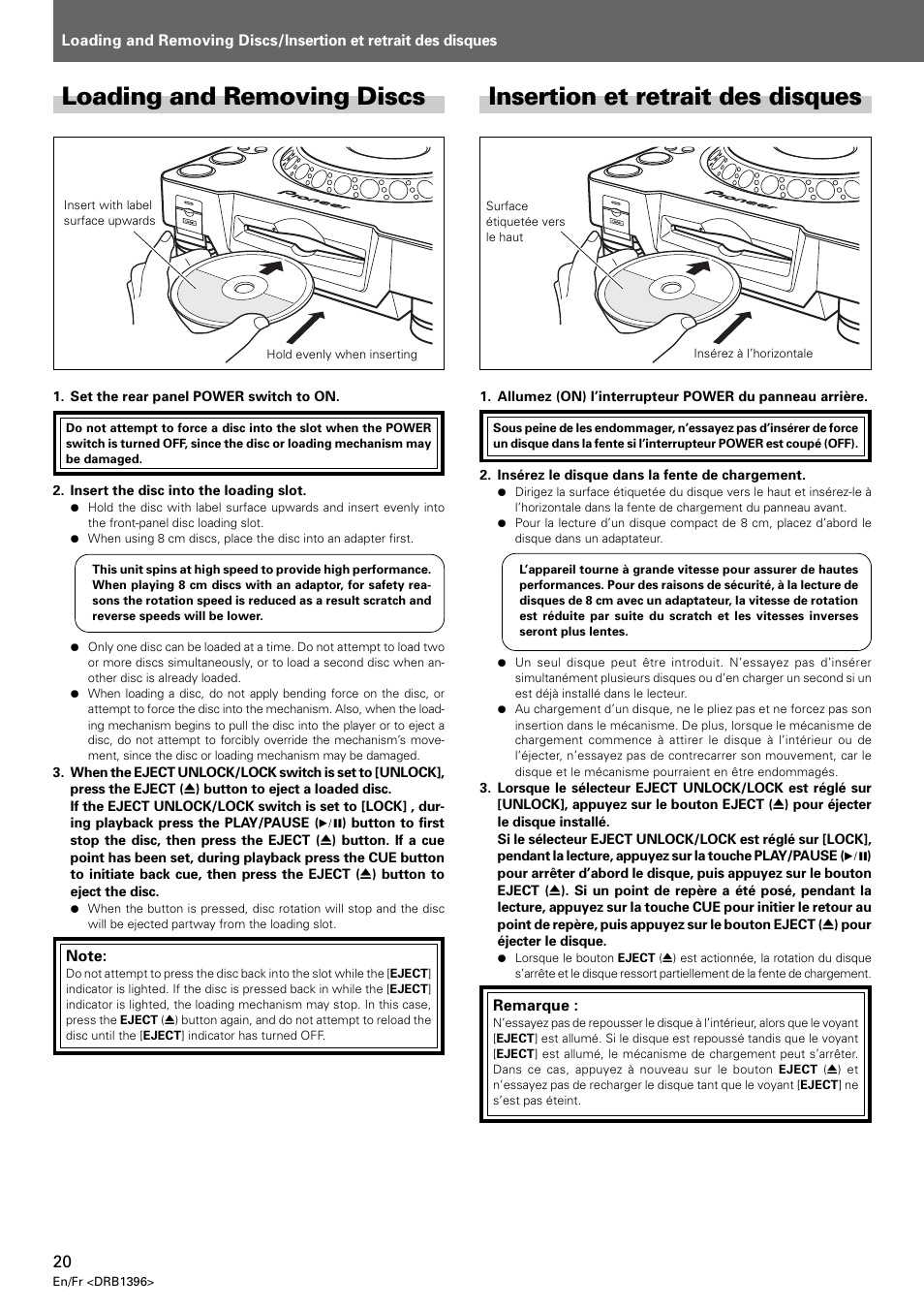 Loading and removing discs, Insertion et retrait des disques | Pioneer CDJ-1000 MK3 User Manual | Page 20 / 124