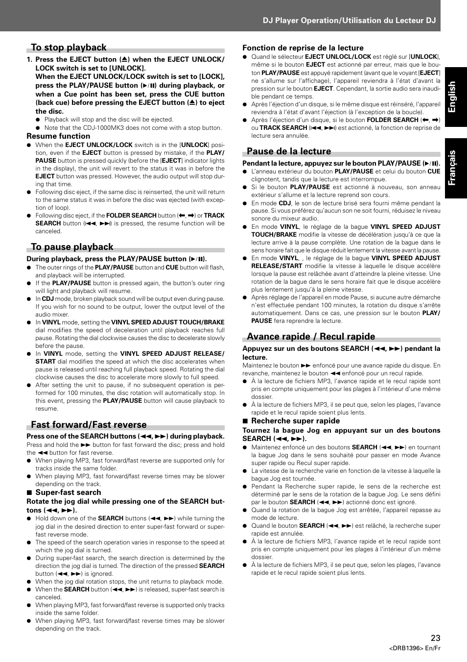 Pause de la lecture avance rapide / recul rapide, English fran ç ais, Fast forward/fast reverse | Pause de la lecture, Avance rapide / recul rapide | Pioneer CDJ-1000 MK3 User Manual | Page 23 / 124