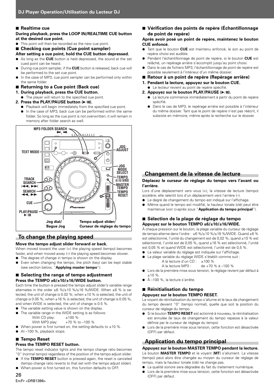 To change the playing speed, Changement de la vitesse de lecture, Application du tempo principal | Pioneer CDJ-1000 MK3 User Manual | Page 26 / 124