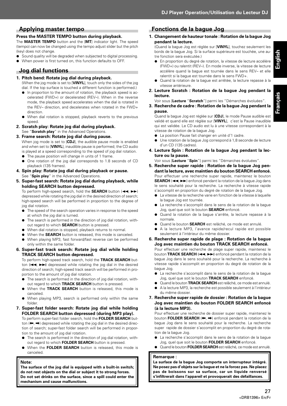 Applying master tempo jog dial functions, Fonctions de la bague jog, English fran ç ais | Applying master tempo, Jog dial functions | Pioneer CDJ-1000 MK3 User Manual | Page 27 / 124