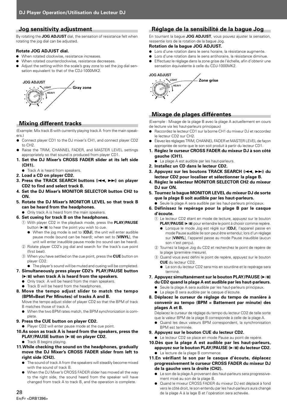 Jog sensitivity adjustment mixing different tracks, Mixing different tracks, Jog sensitivity adjustment | Réglage de la sensibilité de la bague jog, Mixage de plages différentes | Pioneer CDJ-1000 MK3 User Manual | Page 28 / 124