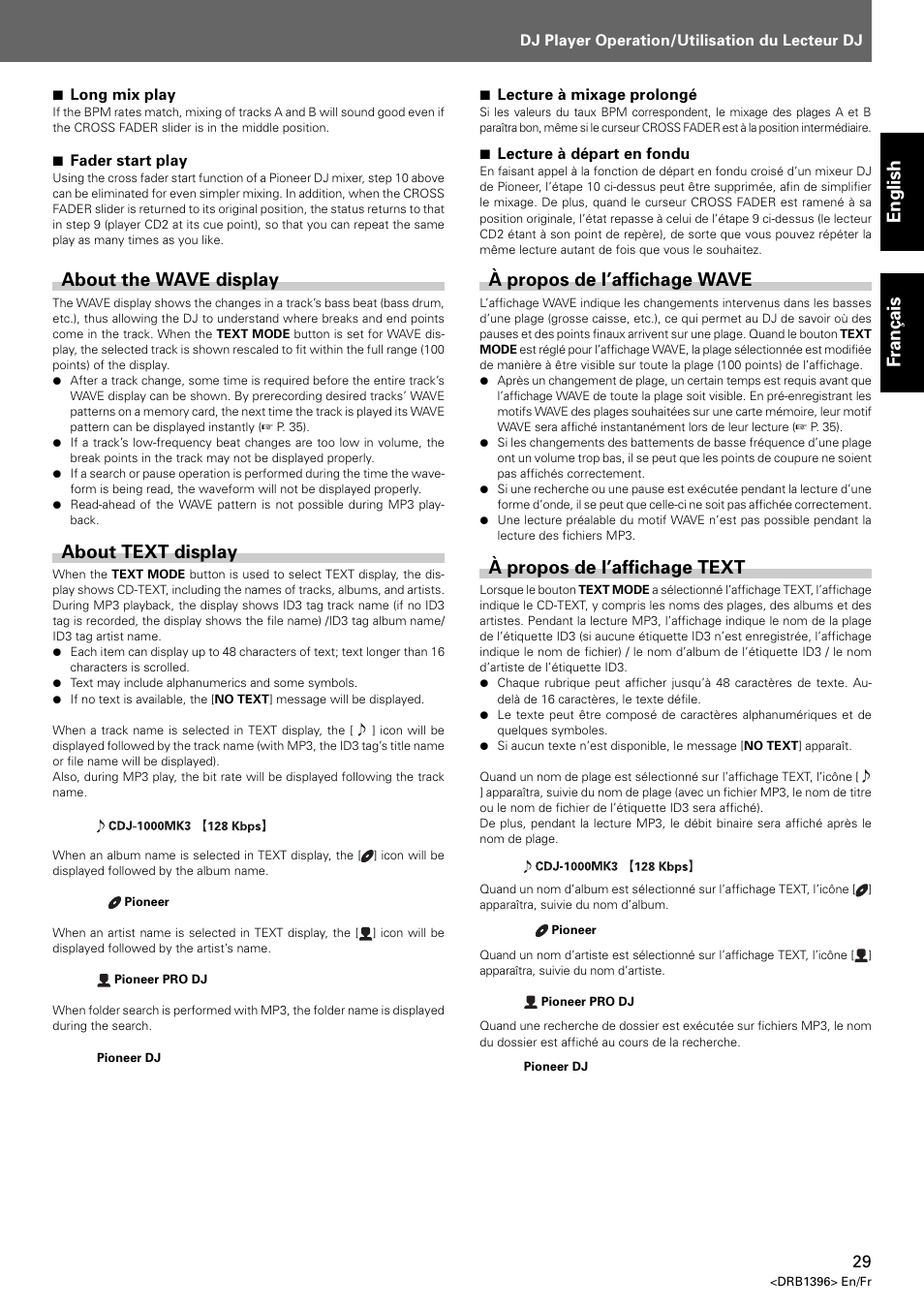 About wave display about text display, English fran ç ais, About the wave display | About text display, À propos de l’affichage wave, À propos de l’affichage text | Pioneer CDJ-1000 MK3 User Manual | Page 29 / 124