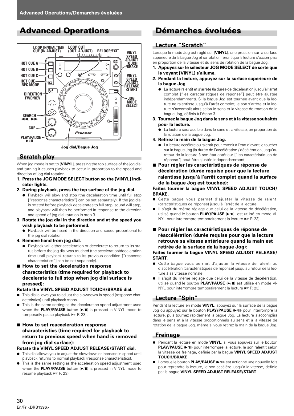 Advanced operations, Scratch play, Démarches évoluées | Lecture “scratch” lecture “spin” freinage, Lecture “scratch, Lecture “spin, Freinage | Pioneer CDJ-1000 MK3 User Manual | Page 30 / 124