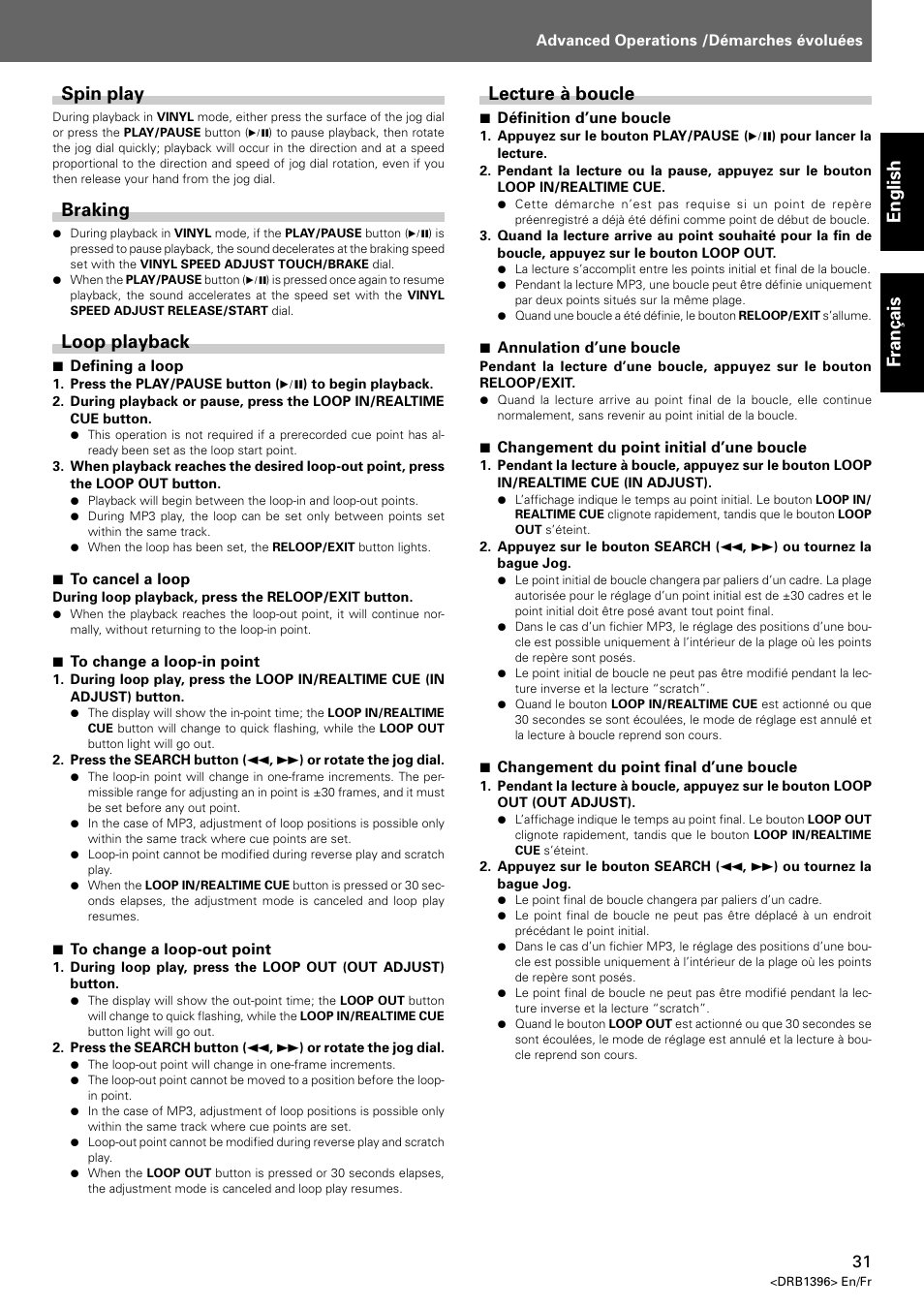 Spin play braking loop playback, Lecture à boucle, English fran ç ais spin play | Braking, Loop playback | Pioneer CDJ-1000 MK3 User Manual | Page 31 / 124