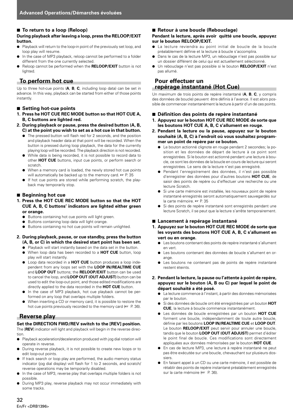 To perform hot cue reverse play, Pour effectuer un repérage instantané (hot cue), Reverse play | Pioneer CDJ-1000 MK3 User Manual | Page 32 / 124