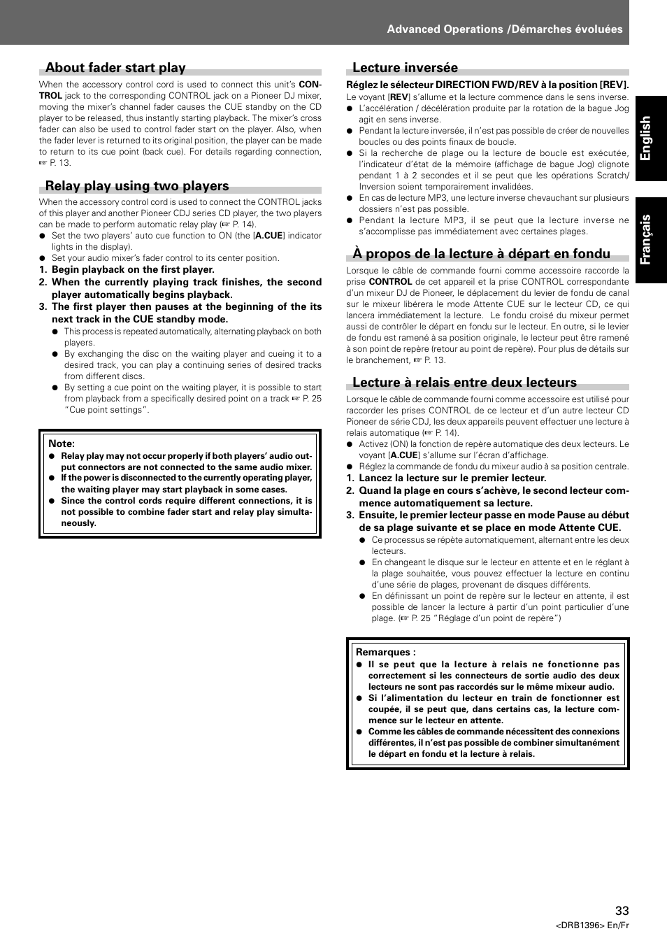 English fran ç ais about fader start play, Relay play using two players, Lecture inversée | À propos de la lecture à départ en fondu, Lecture à relais entre deux lecteurs | Pioneer CDJ-1000 MK3 User Manual | Page 33 / 124