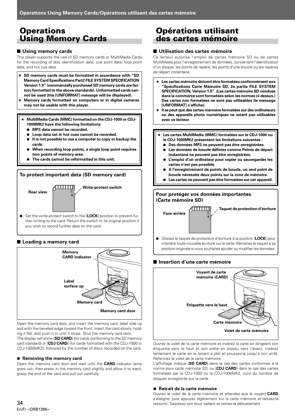 Operations using memory cards, Opérations utilisant des cartes mémoire | Pioneer CDJ-1000 MK3 User Manual | Page 34 / 124