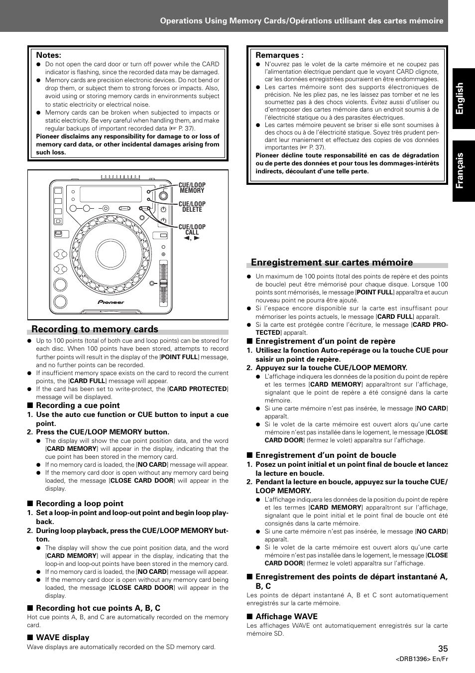 Recording to memory cards, Enregistrement sur cartes mémoire, English fran ç ais | Pioneer CDJ-1000 MK3 User Manual | Page 35 / 124