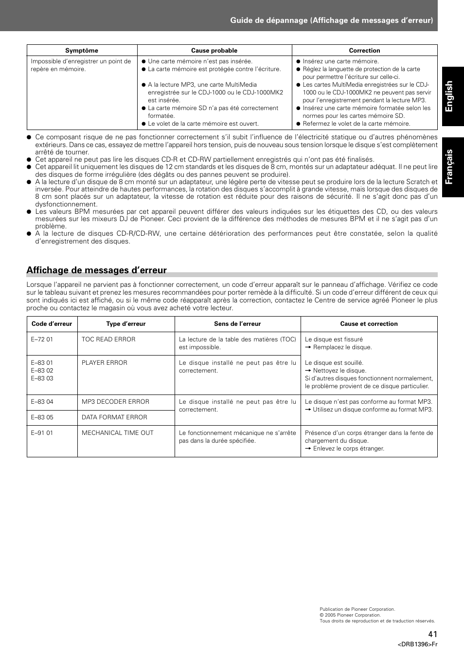 English fran ç ais, Affichage de messages d’erreur | Pioneer CDJ-1000 MK3 User Manual | Page 41 / 124