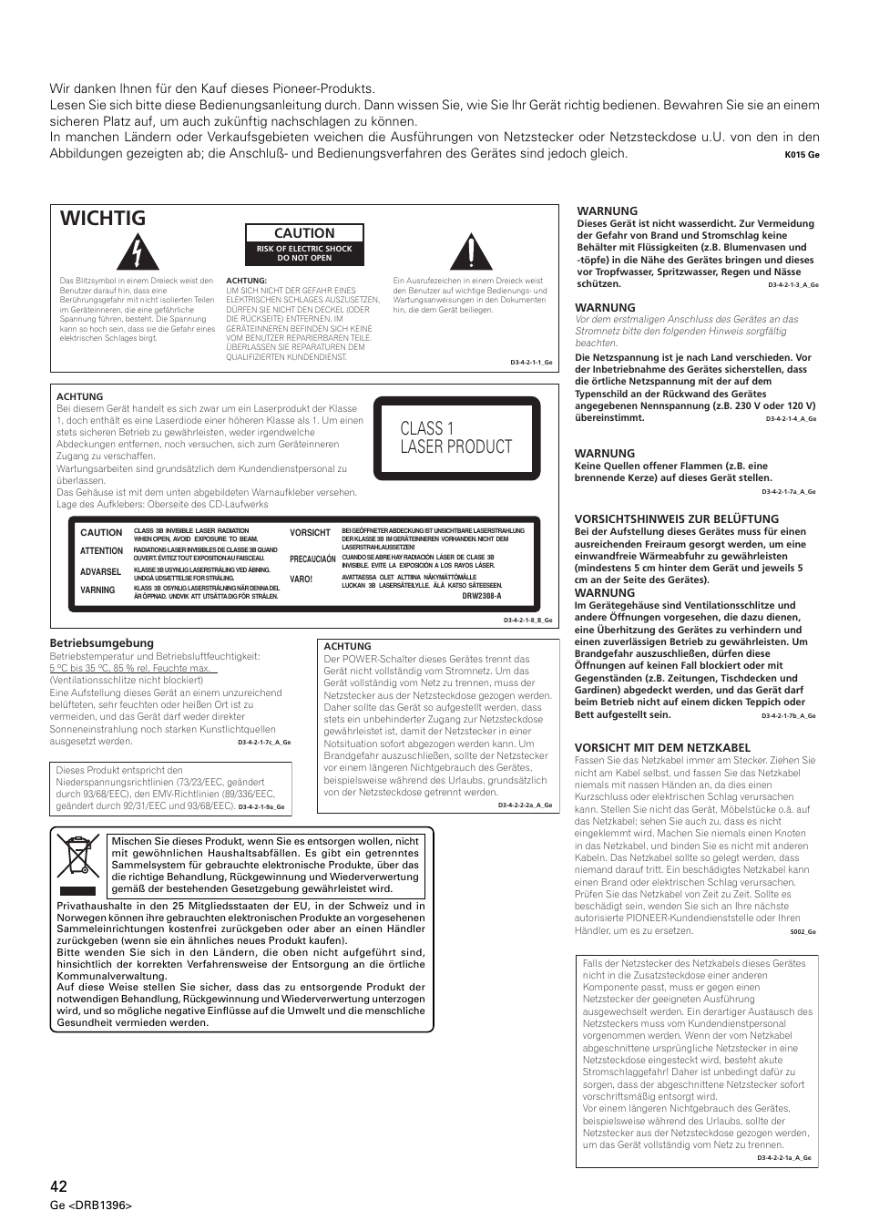 Wichtig, Class 1 laser product, Caution | Pioneer CDJ-1000 MK3 User Manual | Page 42 / 124