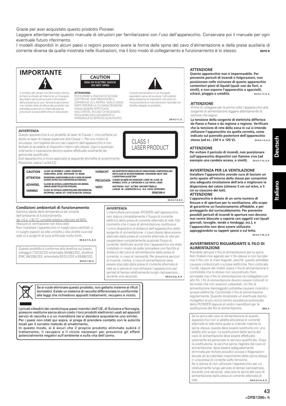 Importante, Class 1 laser product, Deutsch italiano | Caution | Pioneer CDJ-1000 MK3 User Manual | Page 43 / 124