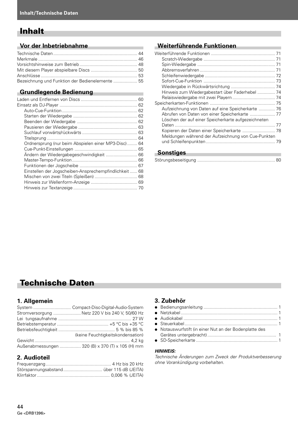 Bedienungsanleitung, Technische daten, Inhalt | Pioneer CDJ-1000 MK3 User Manual | Page 44 / 124